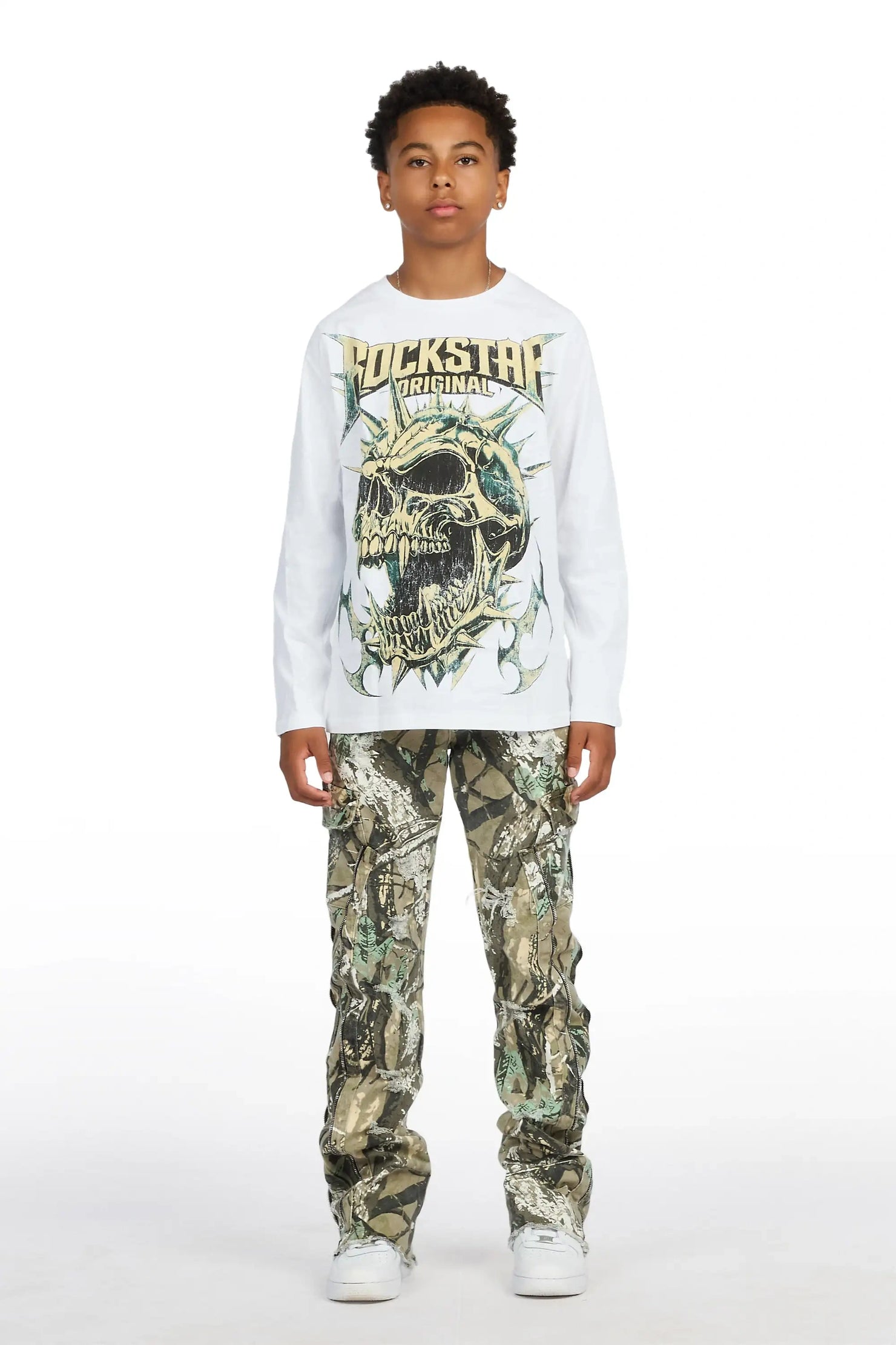 Boys Boos White/Tree Camo Long Sleeve T-shirt Stacked Jean Set