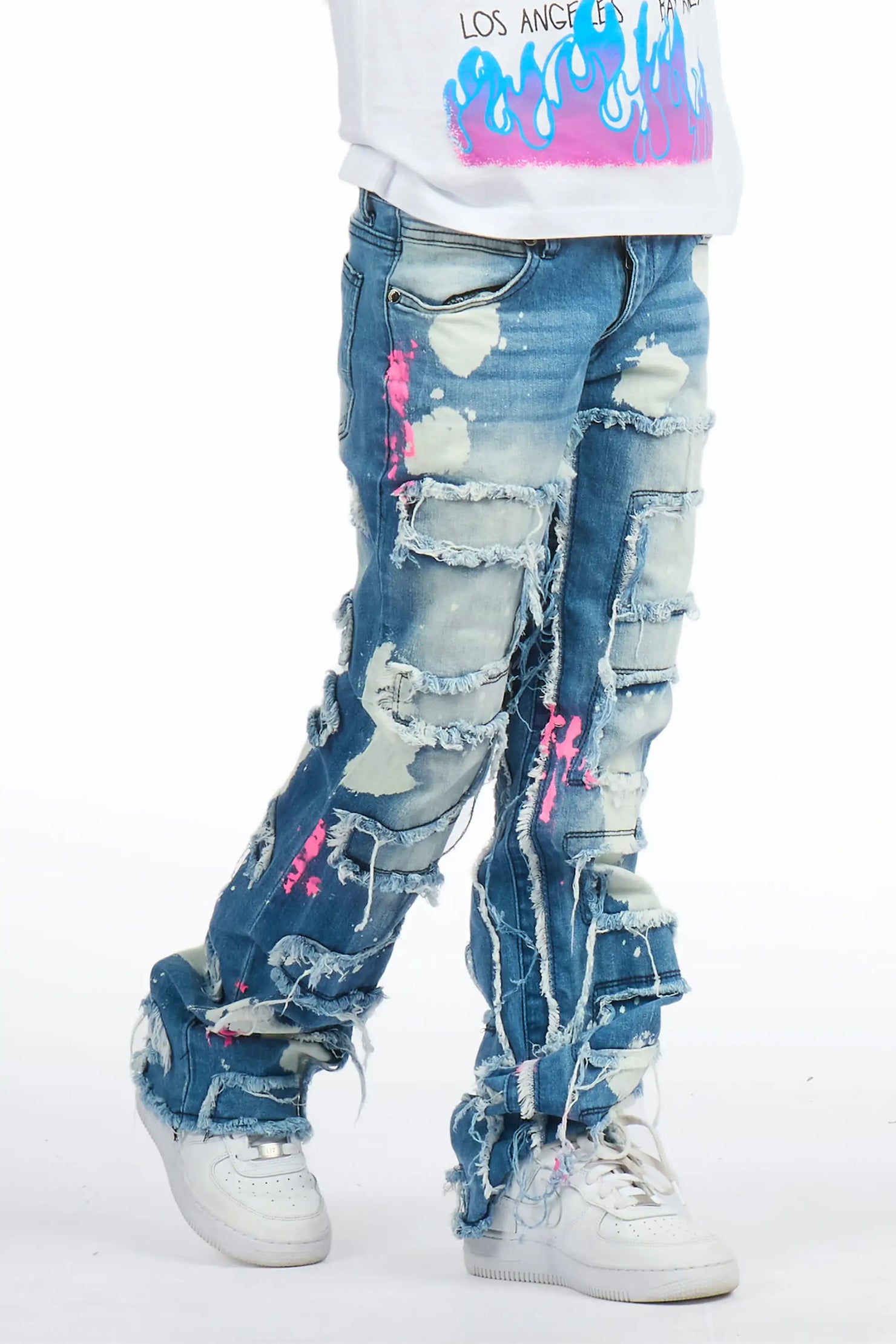Girls Bannie Blue/Pink Stacked Painter Flare Jean