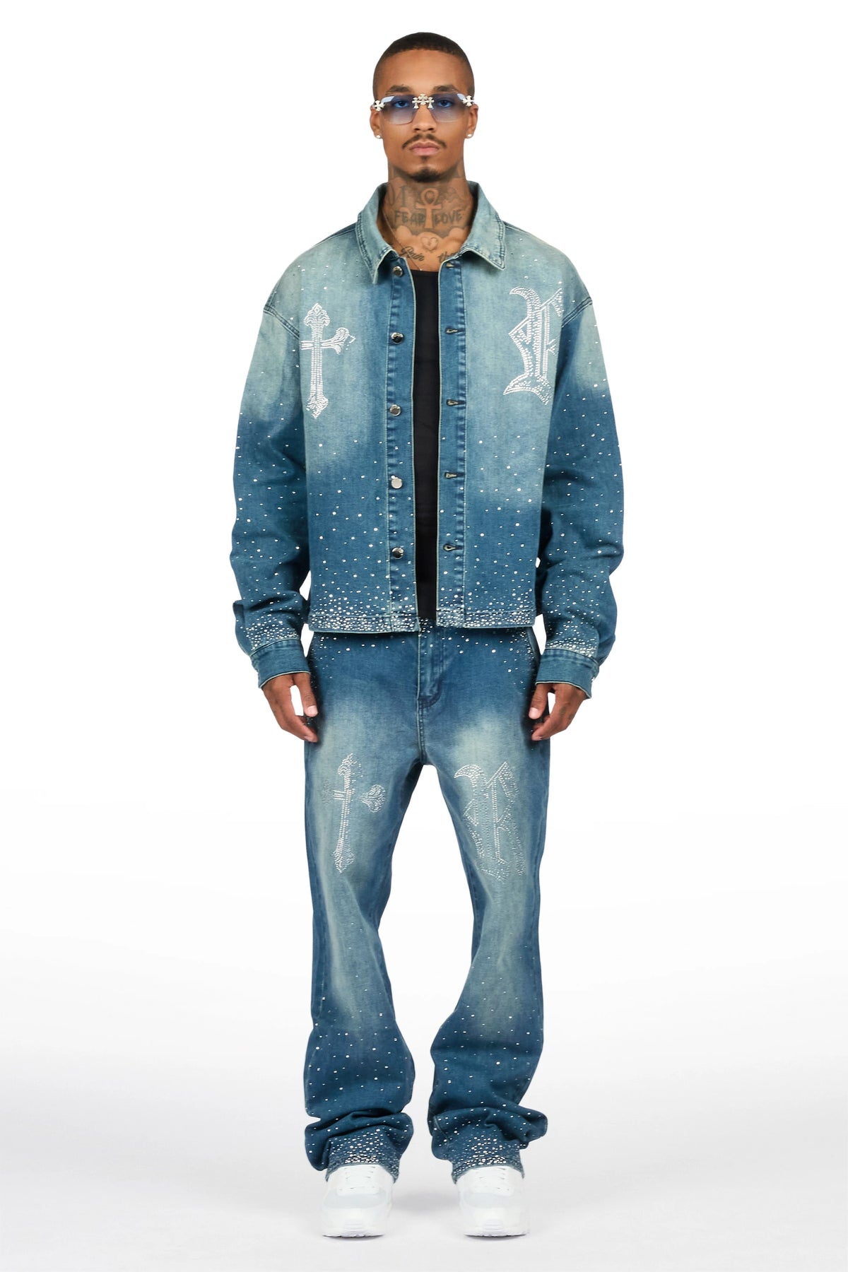 Clemente Blue Rhinestone Button Down Shirt/Jean Set