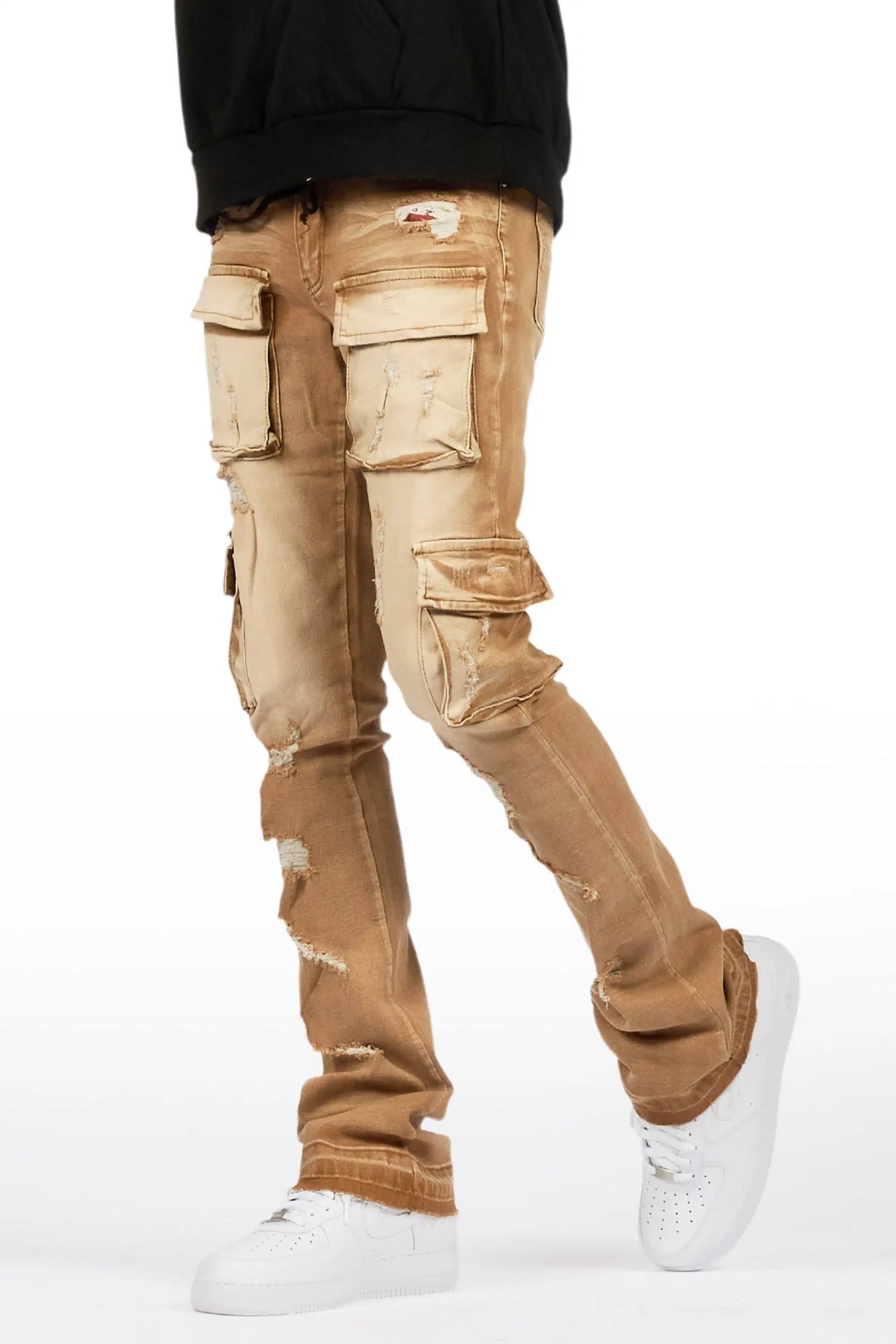 Zaid Washed Beige Stacked Flare Jean