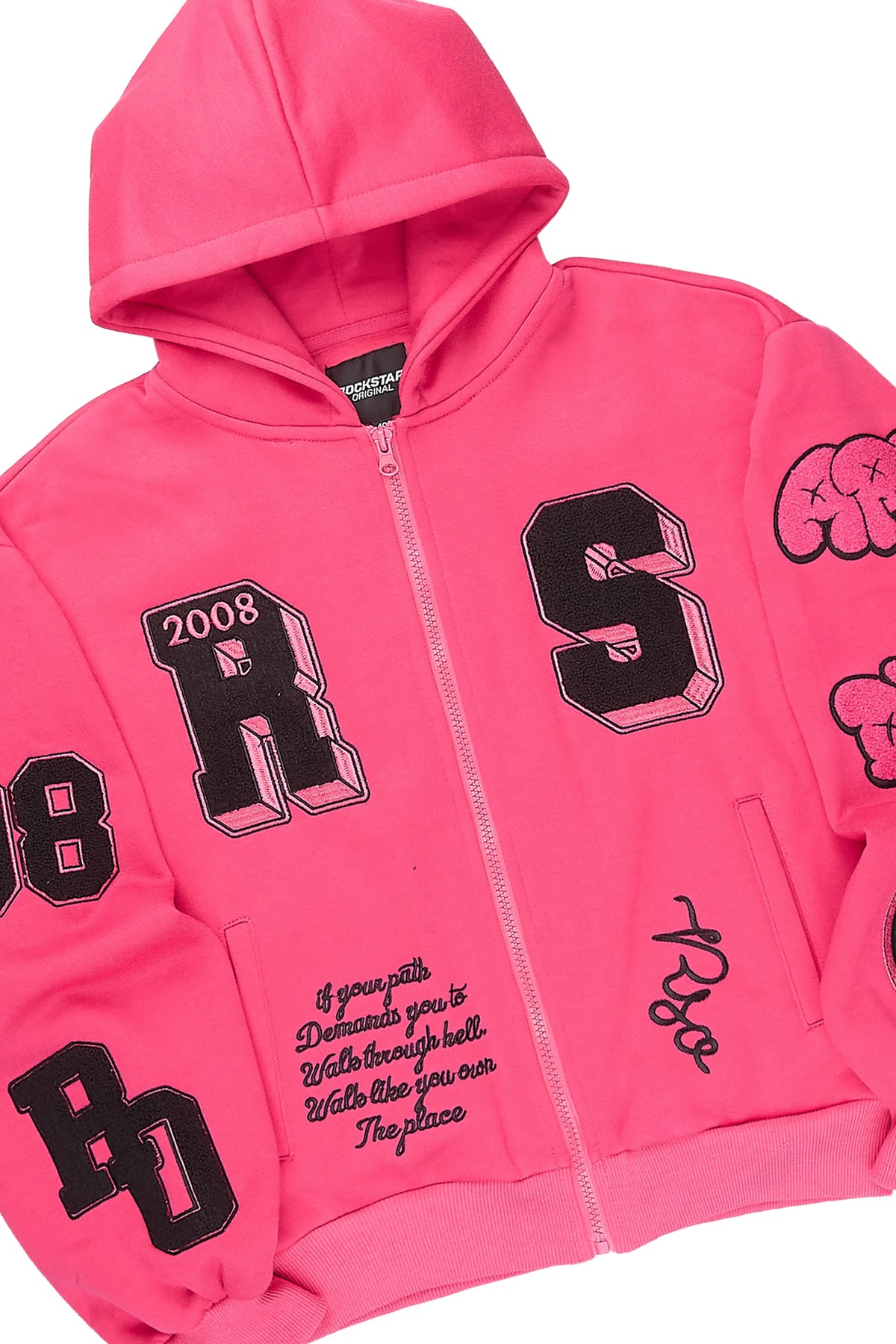Girls Leslee Pink/Black Hoodie/Stacked Flare Track Set