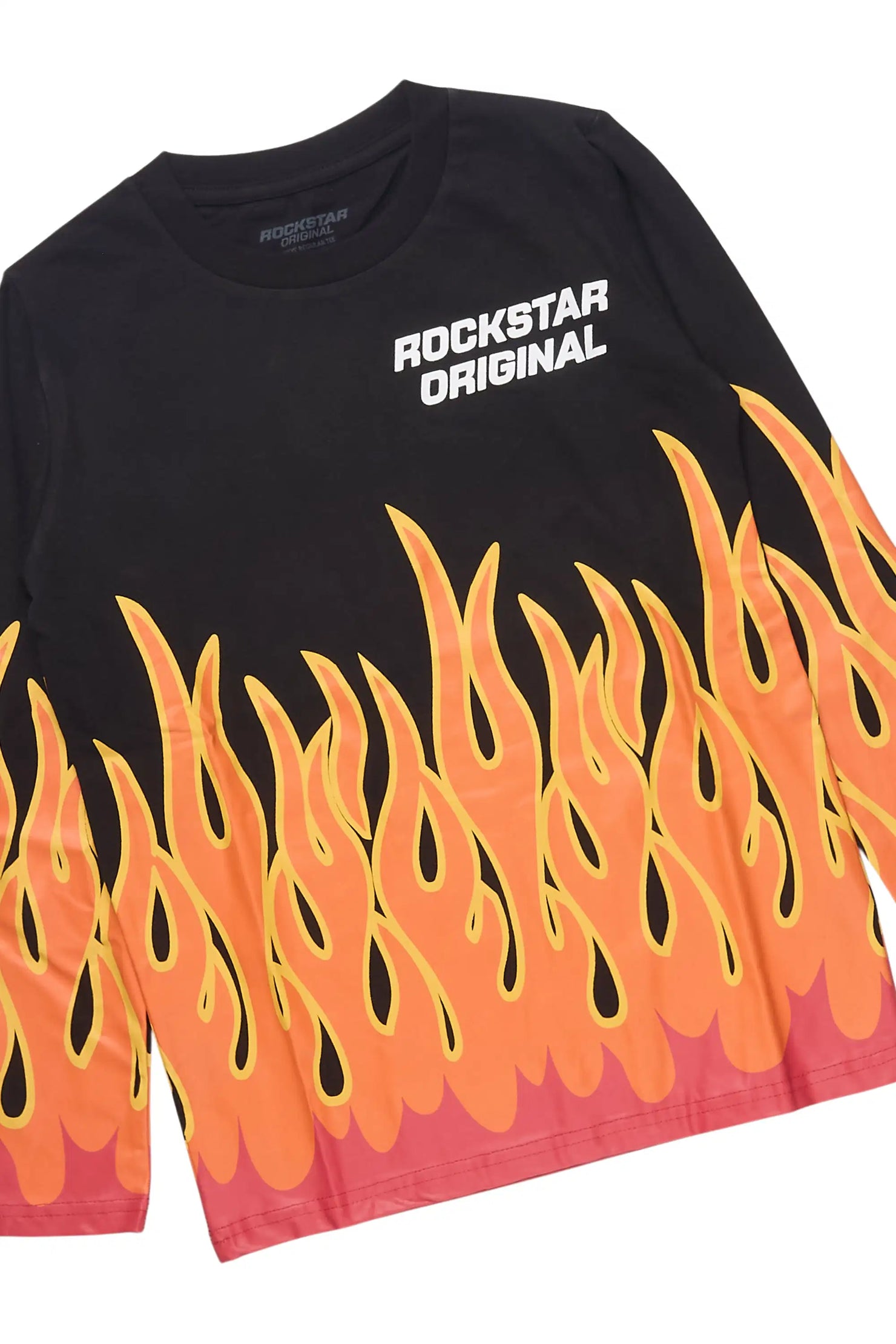Boys Roeland Black Long Sleeve T-Shirt & Laban Black Stacked Flare Jean Set