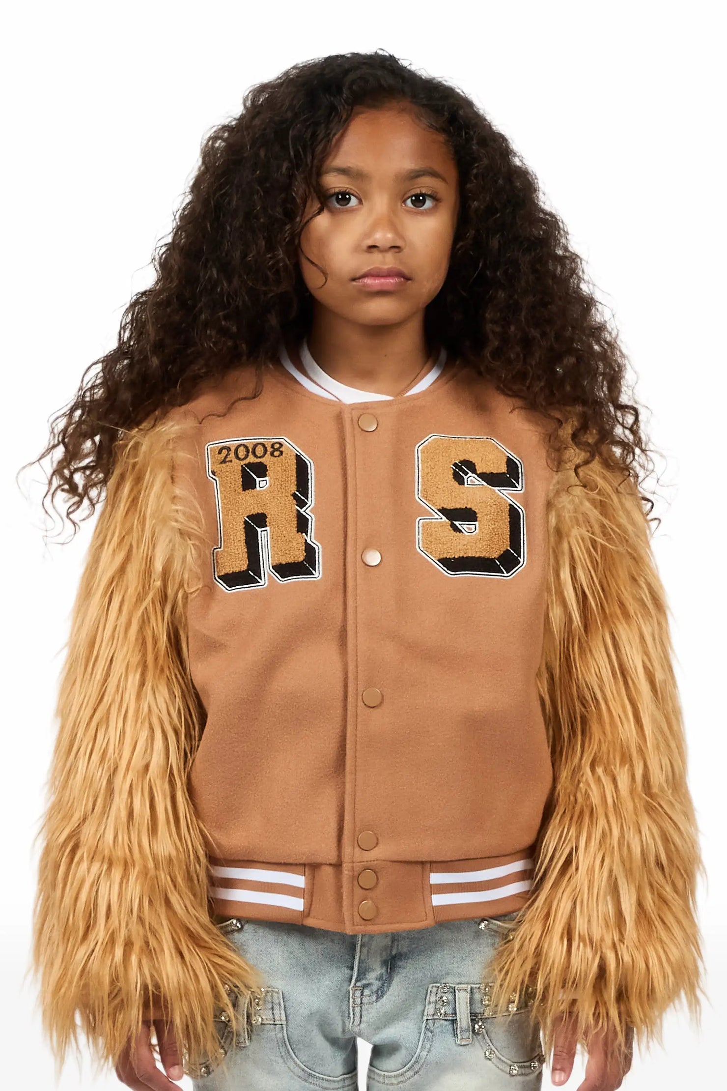 Girls Jameicia Mocha Fur Sleeve Varsity Jacket