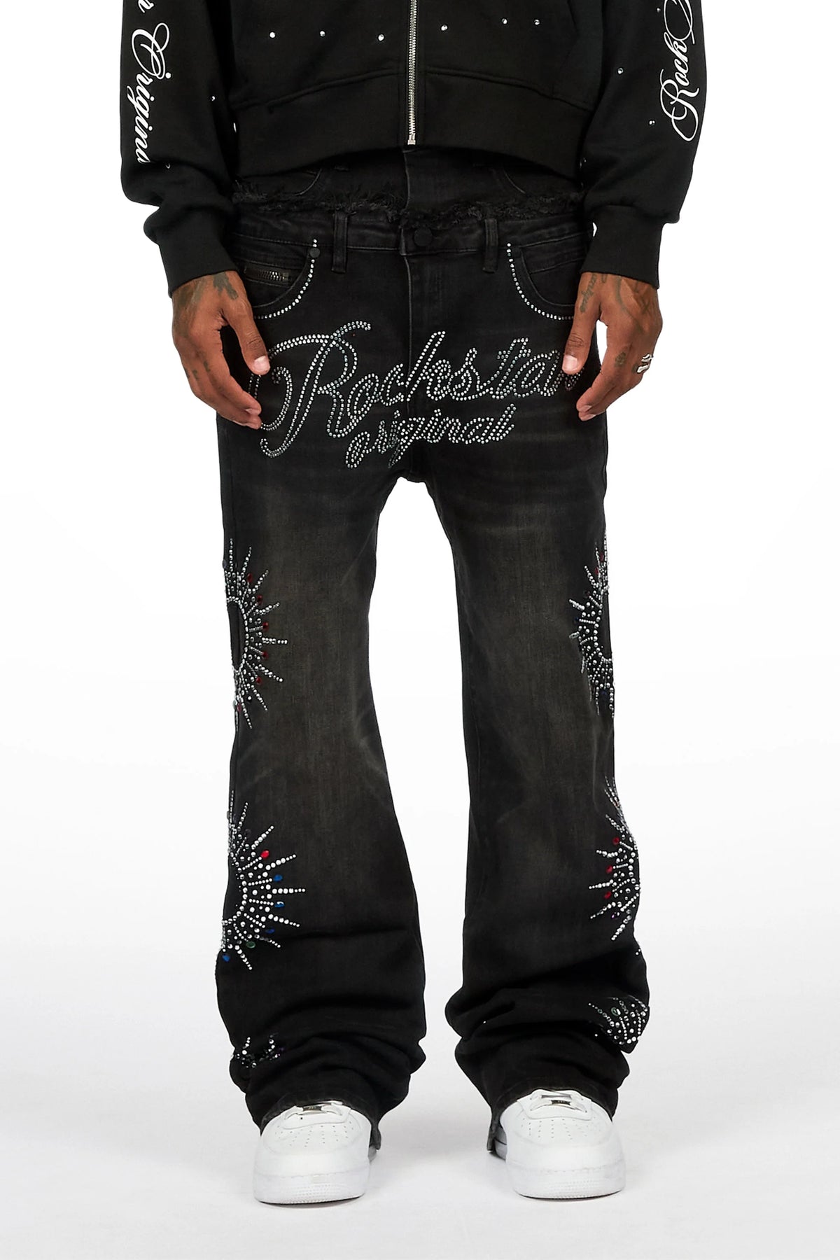 Silo Black Rhinestone Double Waisted Baggy Fit Jean