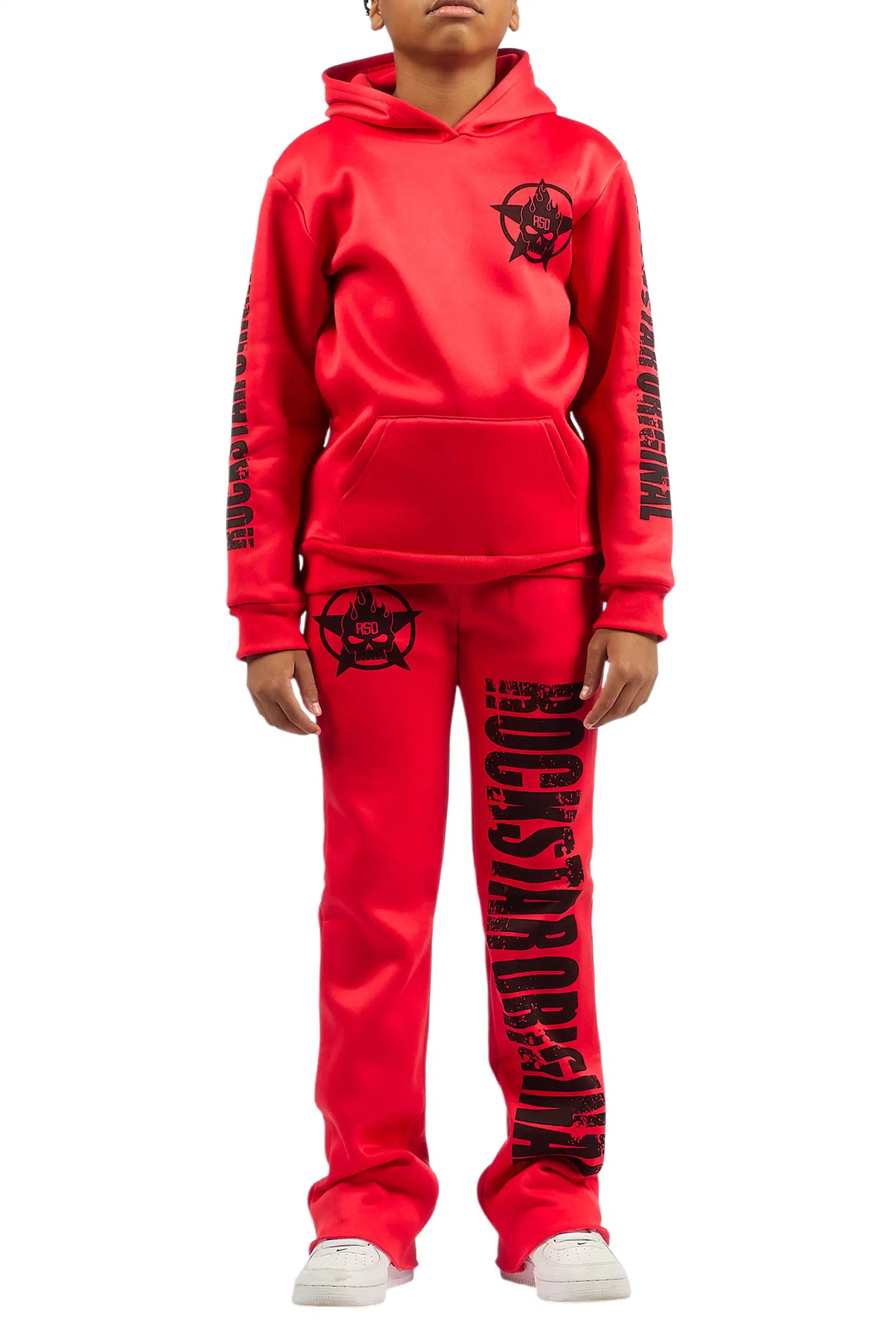 Boys Keve Red Hoodie Stacked Track Pant Set