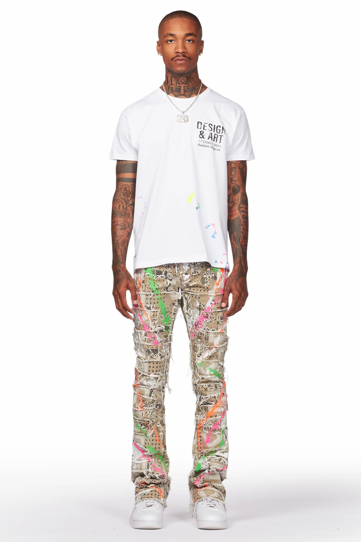 Fahim Beige Painter Stacked Flare Jean