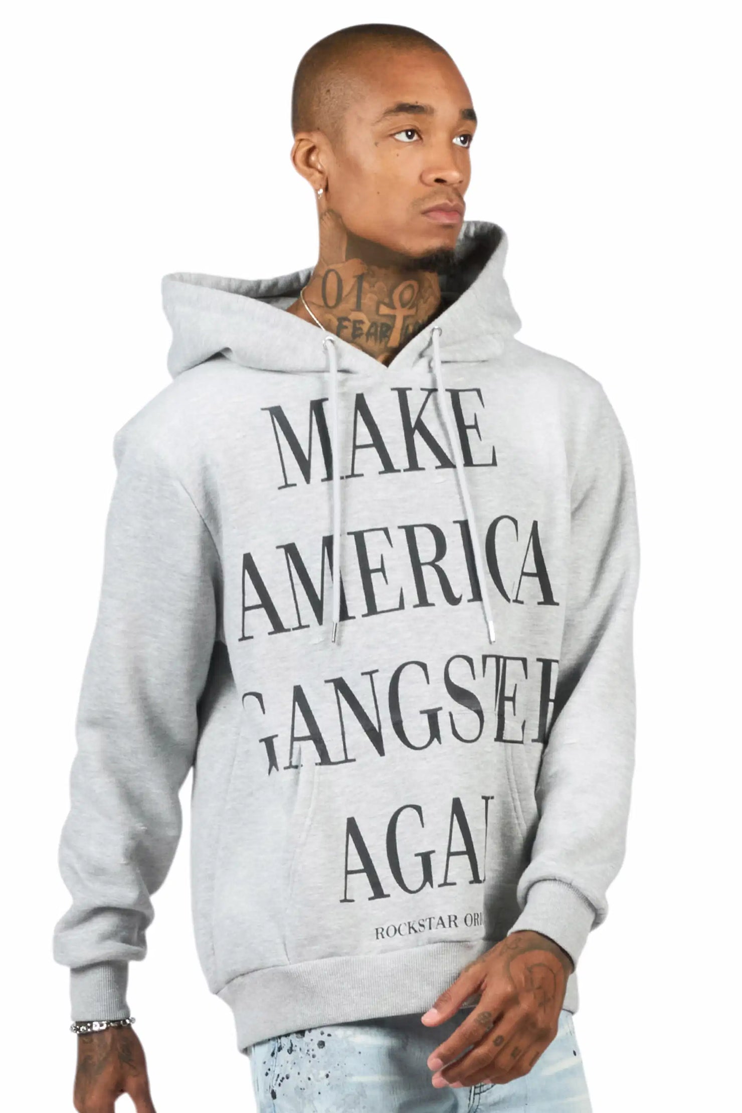 Drako Heather Grey Graphic Distressed Relaxed Hoodie