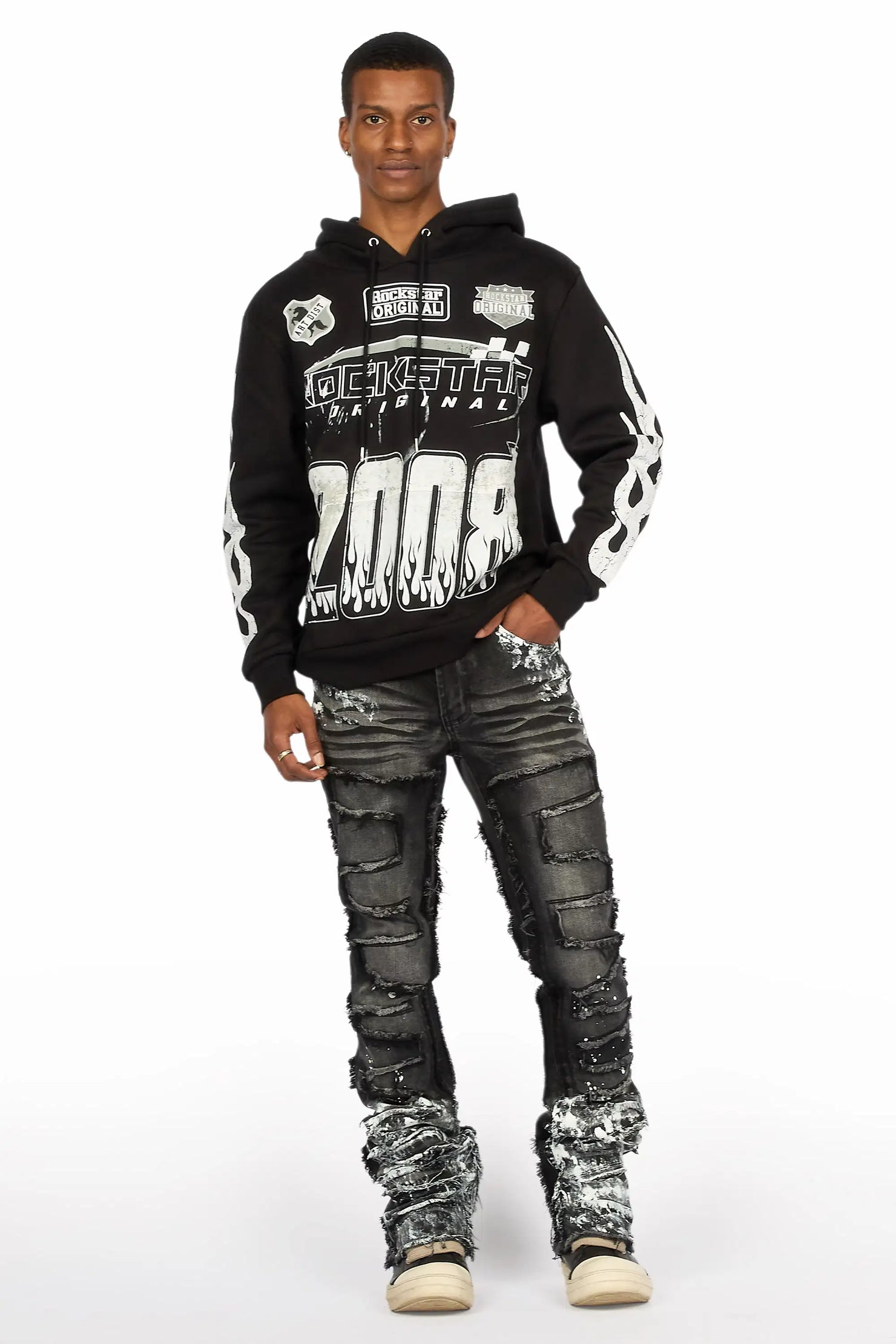 Amos 2.0 Black/Black Hoodie/Stacked Flare Jean Set