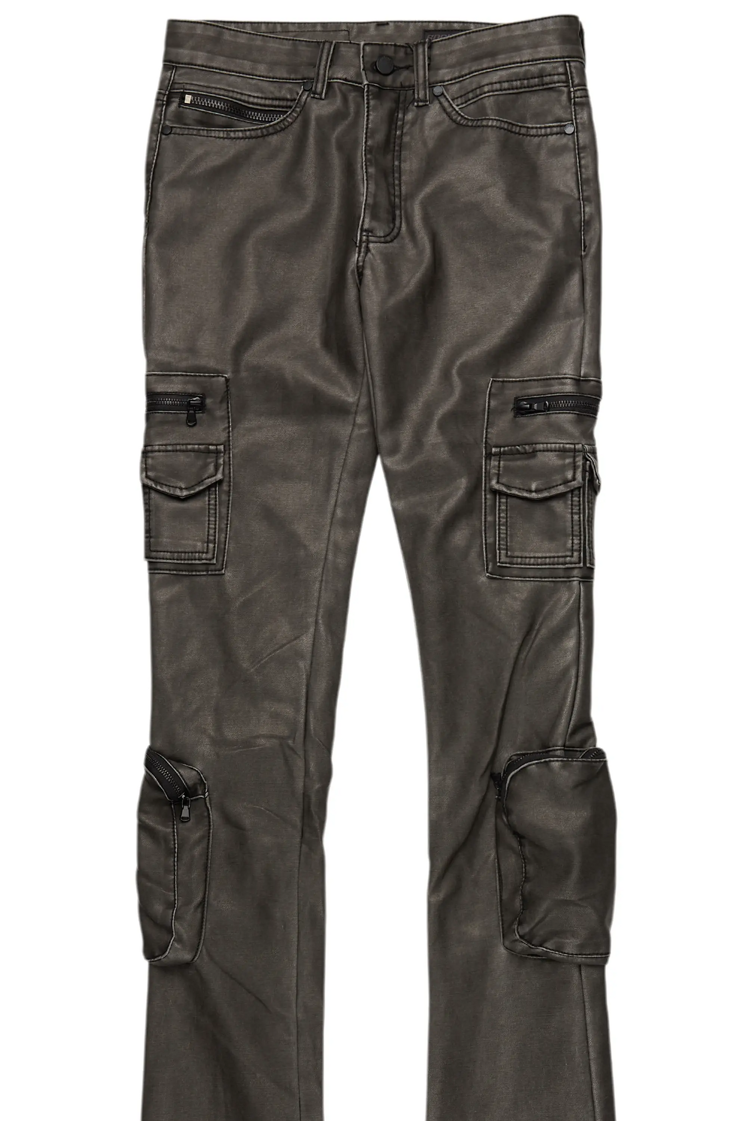 Sutton Distressed Black PU Super Stacked Flare Jean