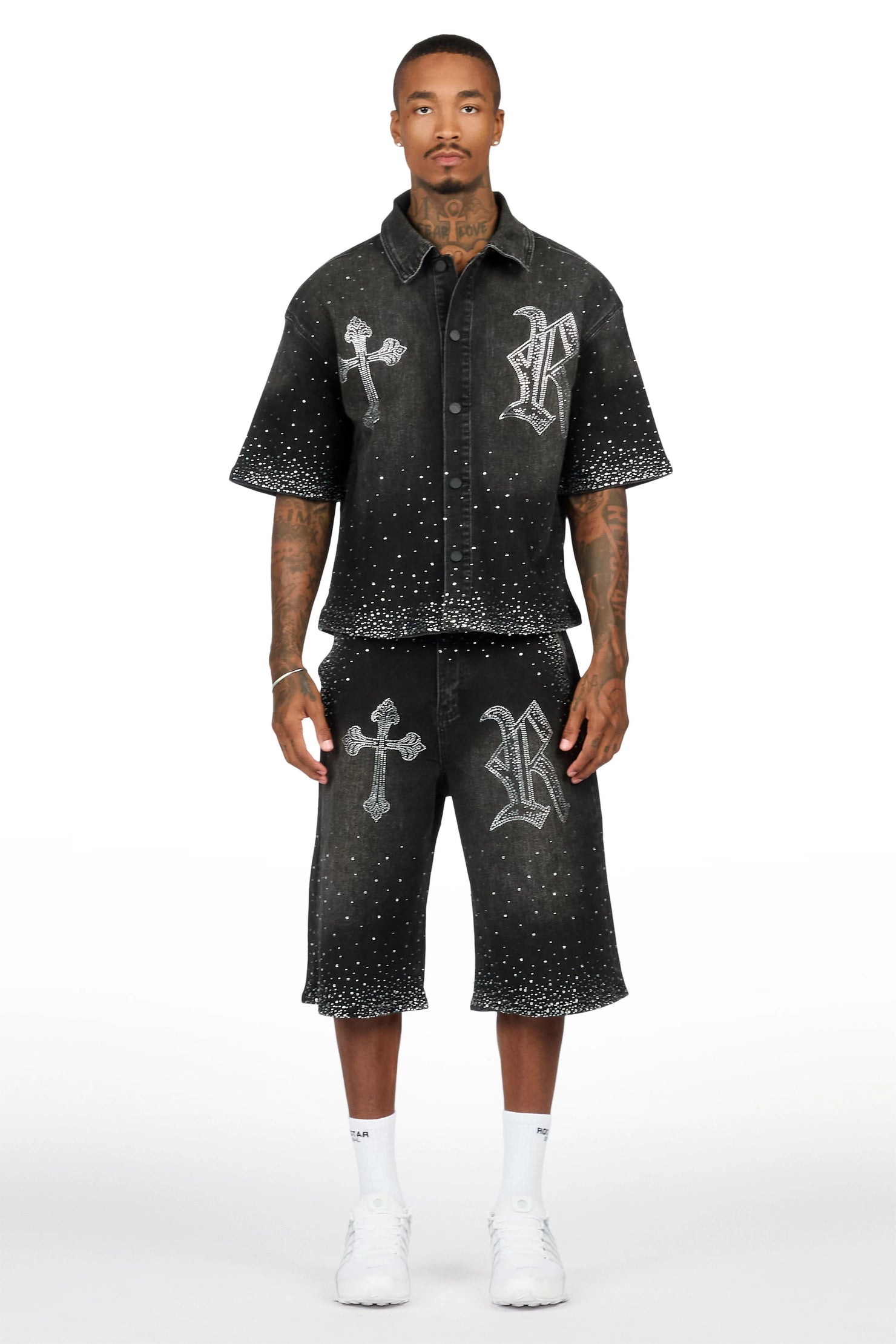 Clemente Black Rhinestone Button Down Shirt Jort Set