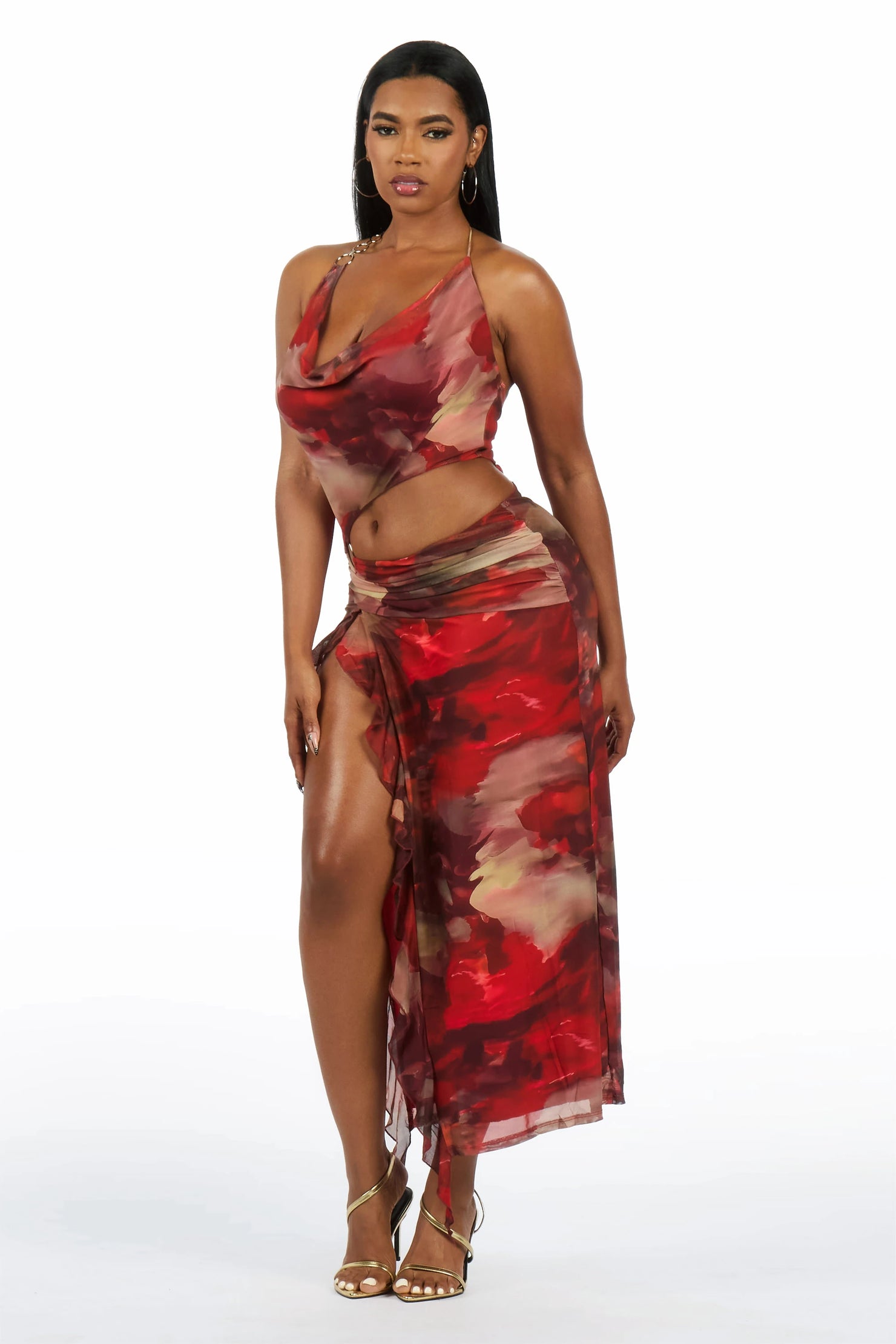 Over-Seas Red Cut-Out Maxi Print Dress
