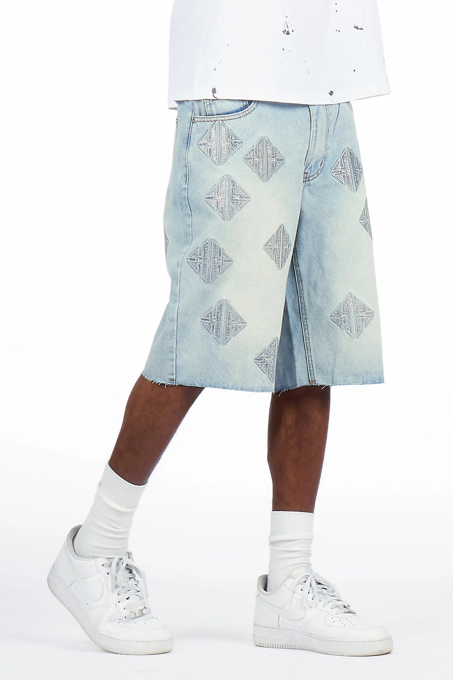 Demanuele Light Blue Rhinestones Denim Short