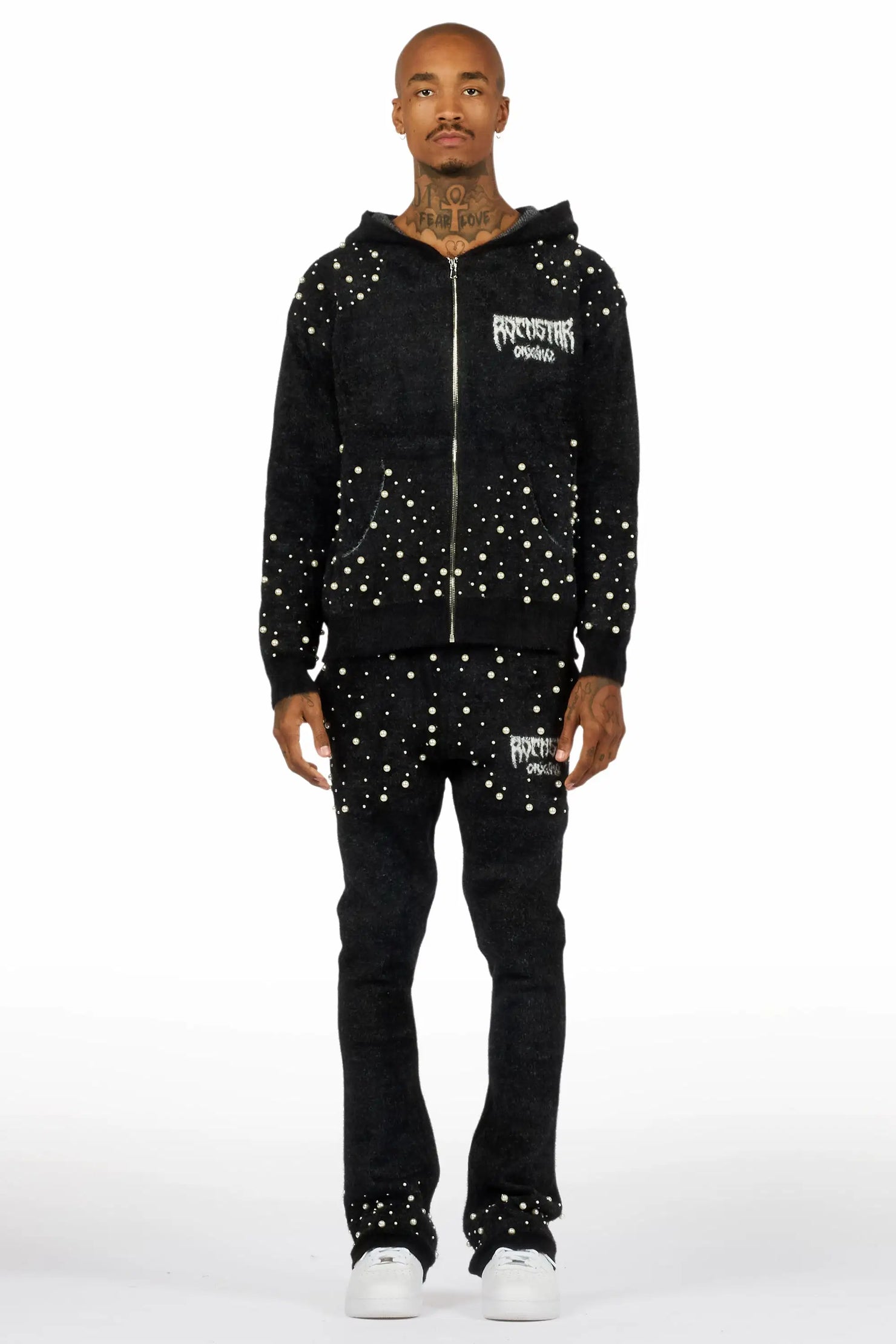 Twinkle Black/Black Rhinestone Hoodie Stacked Flare Track Set