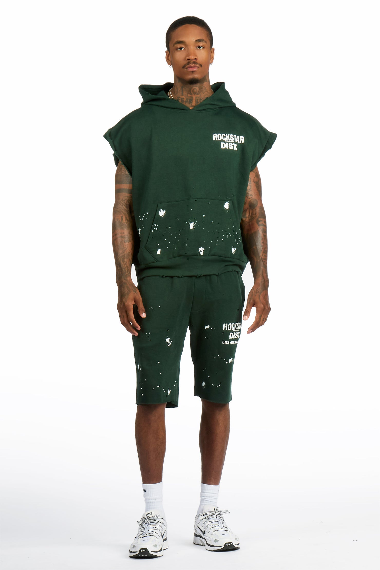 Raffer Forest Green Cut Off Sleeve Hoodie Short Set