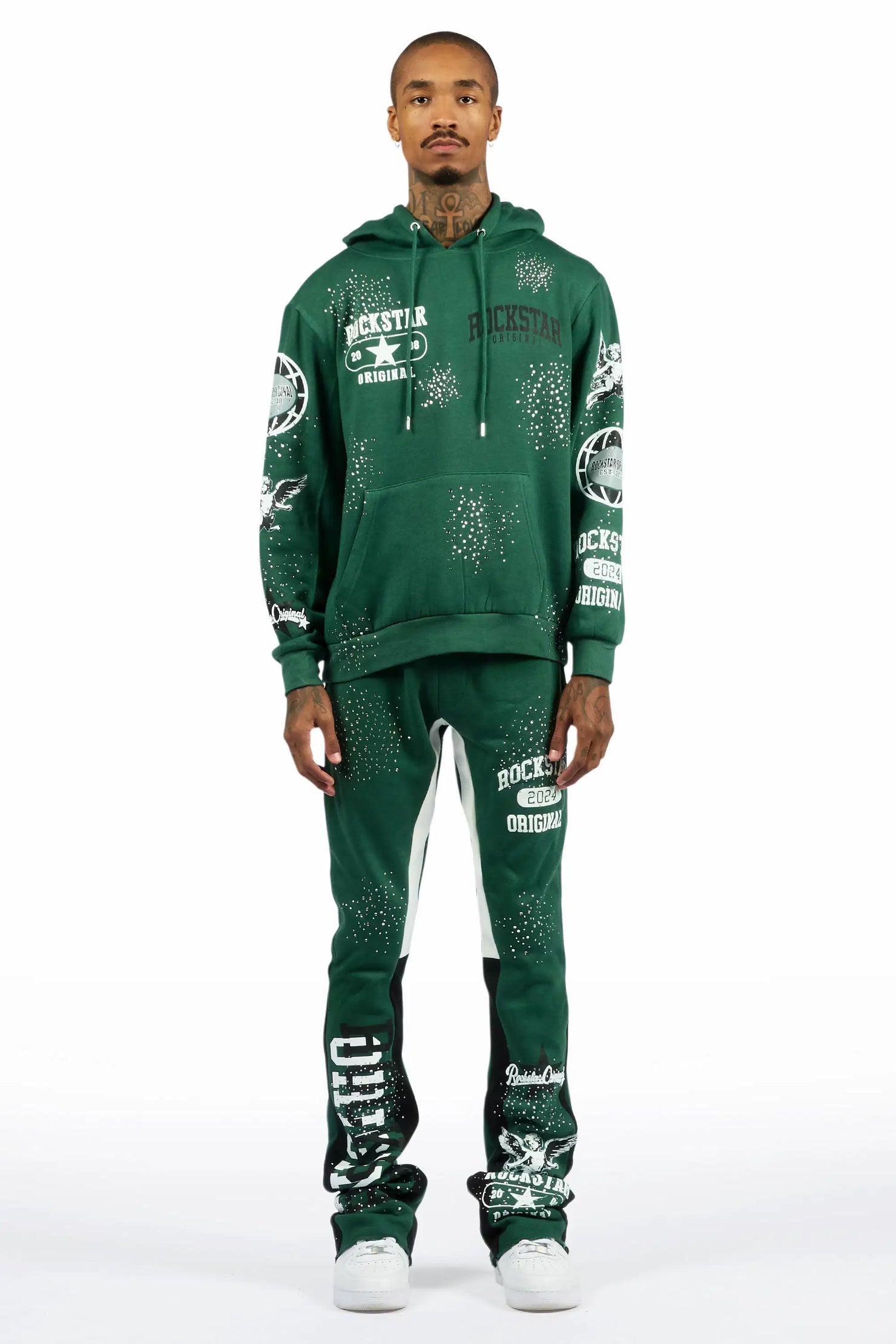 Gutta 2.0 Hunter Green Rhinestone Hoodie/Stacked Flare Track Set