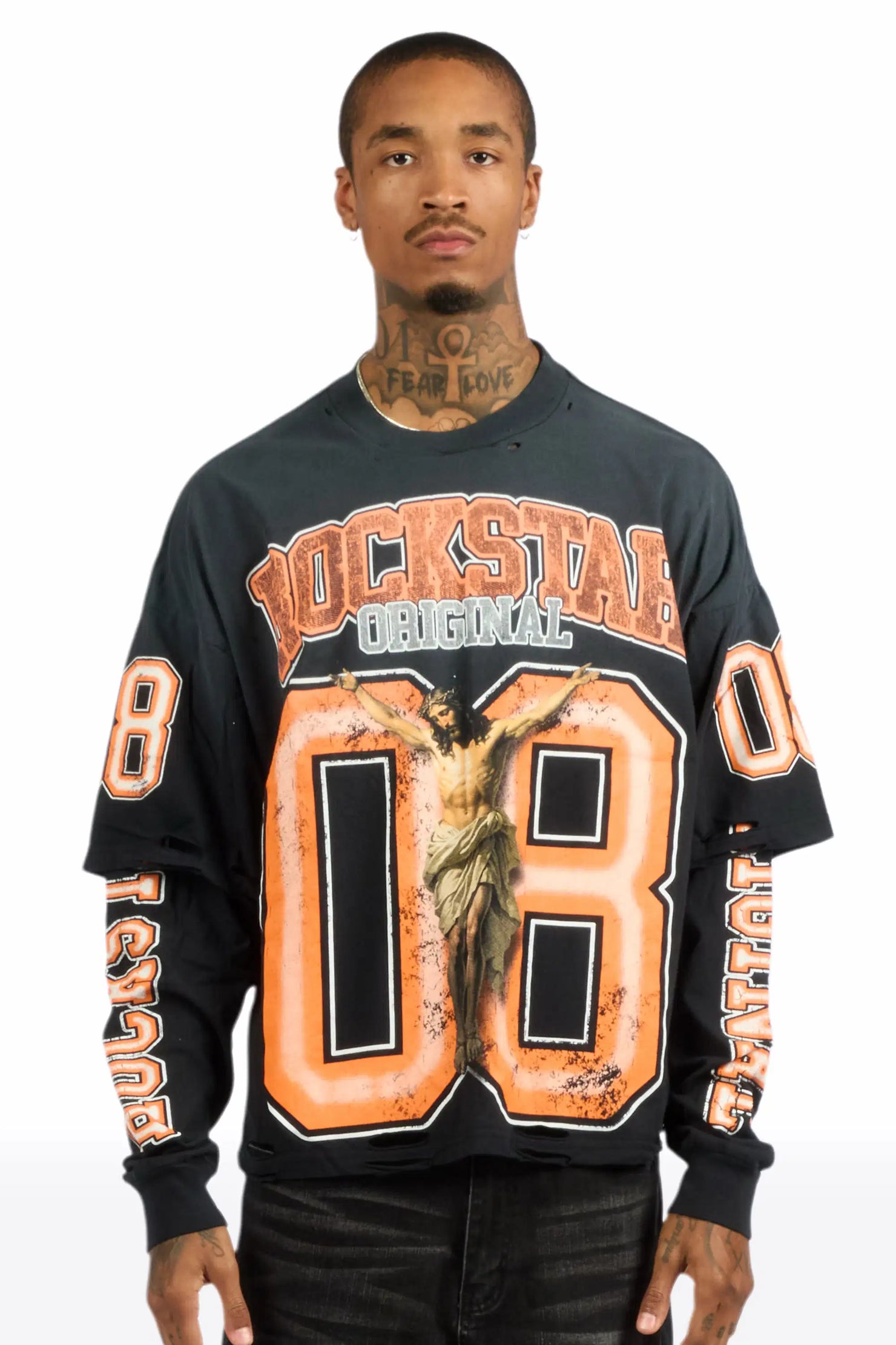 Fields Black/Orange Double Layer Long Sleeve Graphic T-Shirt