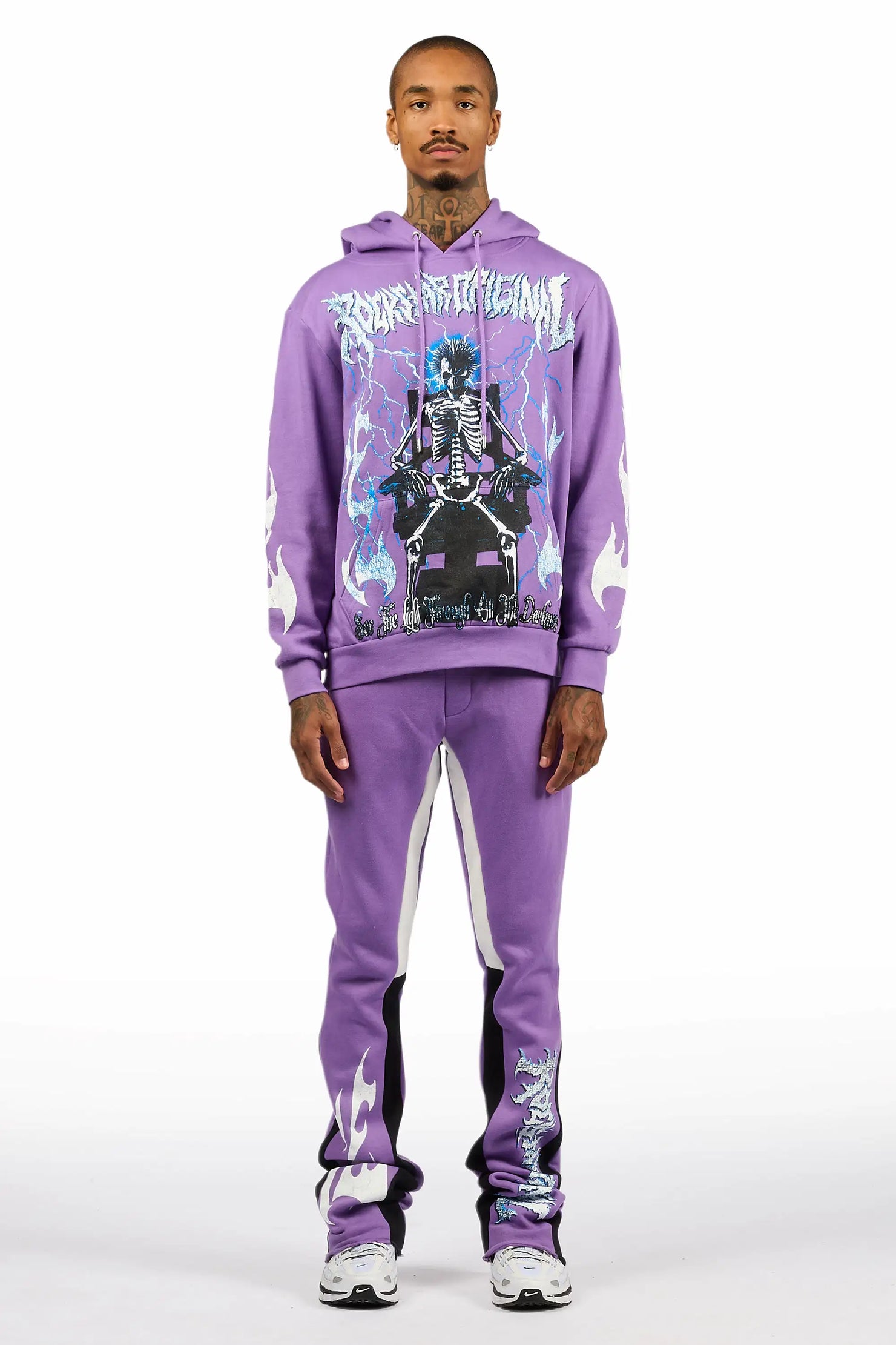 Deathrow Purple/White Hoodie/Stacked Track Pant Set