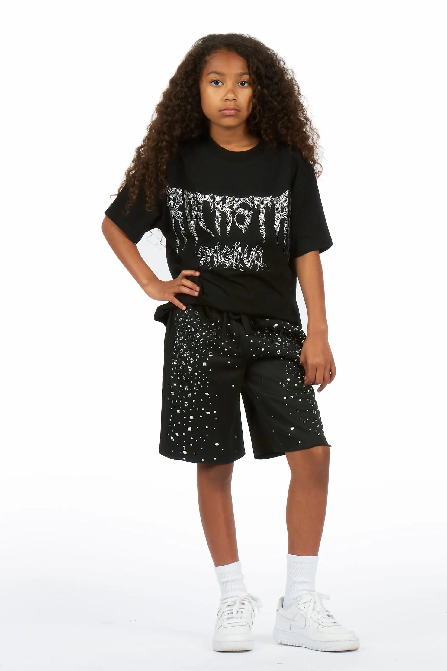 Girls Porsha Black Rhinestone Short Set