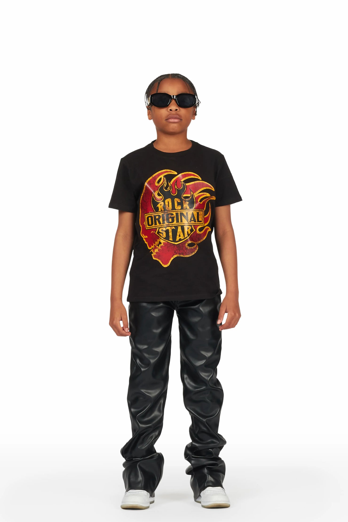 Boys Ricky Black PU Super Stacked Flare Jean