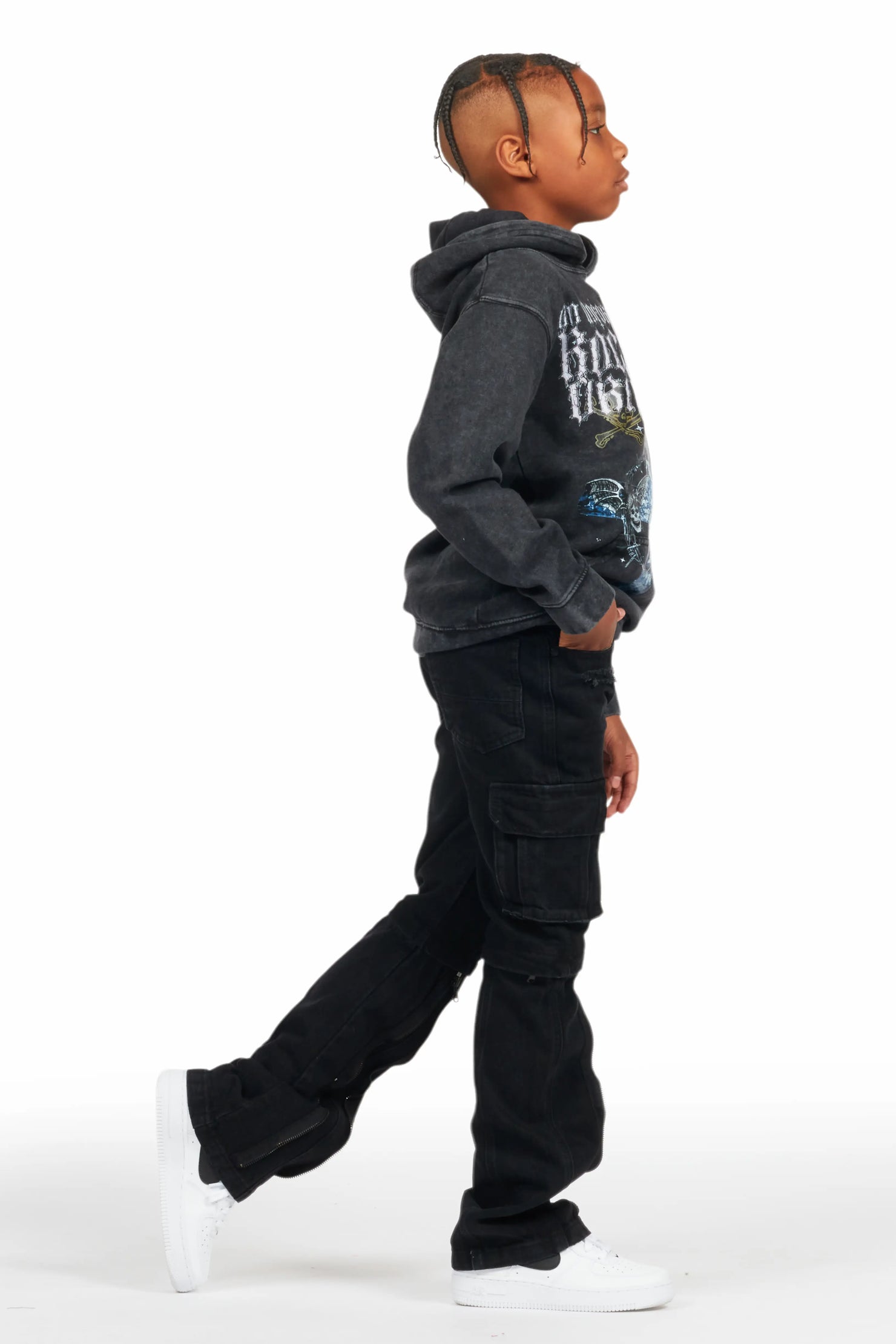 Boys Hagan Vintage Black Hoodie/Stacked Flare Jean Set