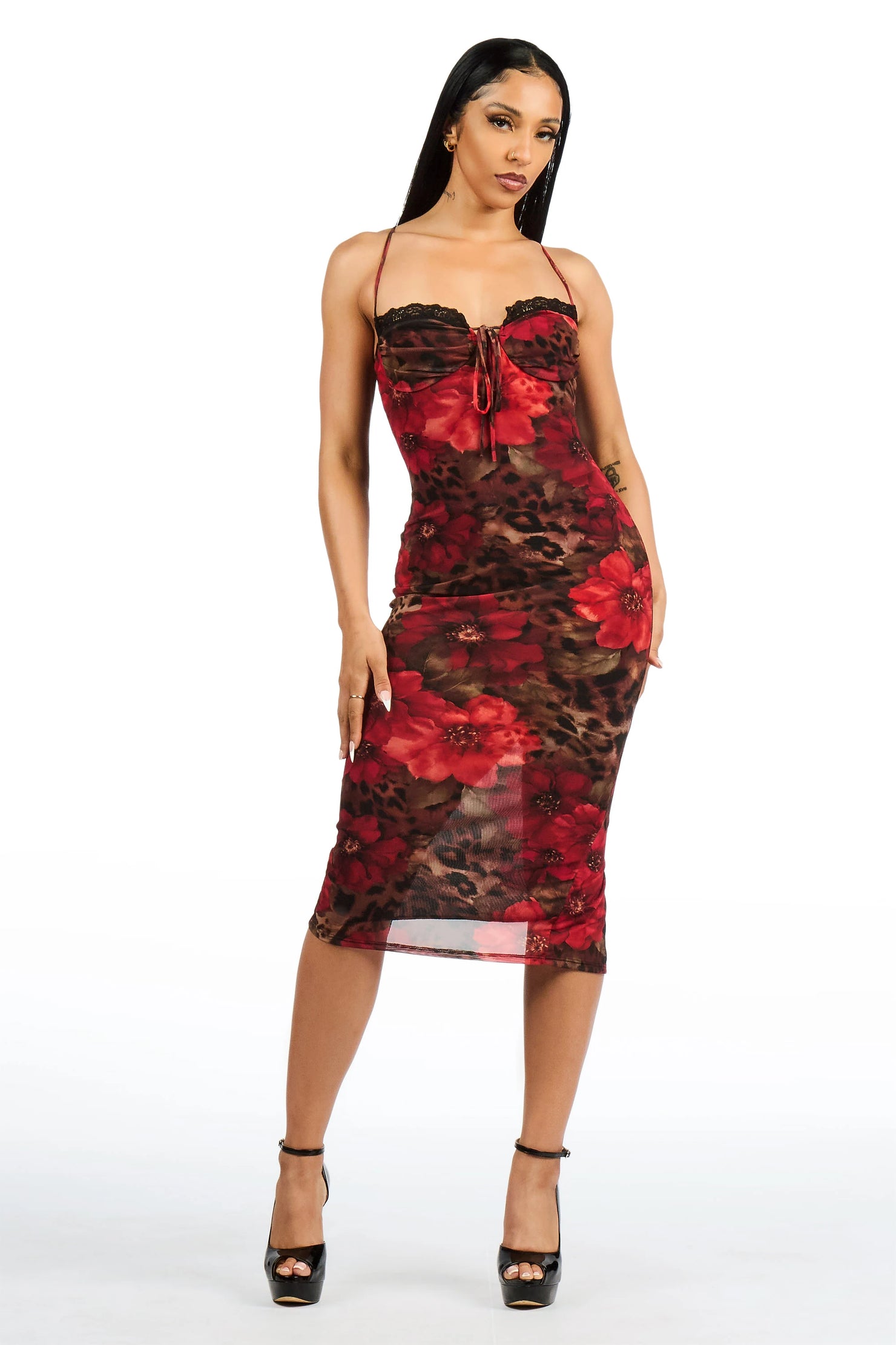Leopard n Roses Mesh Midi Dress