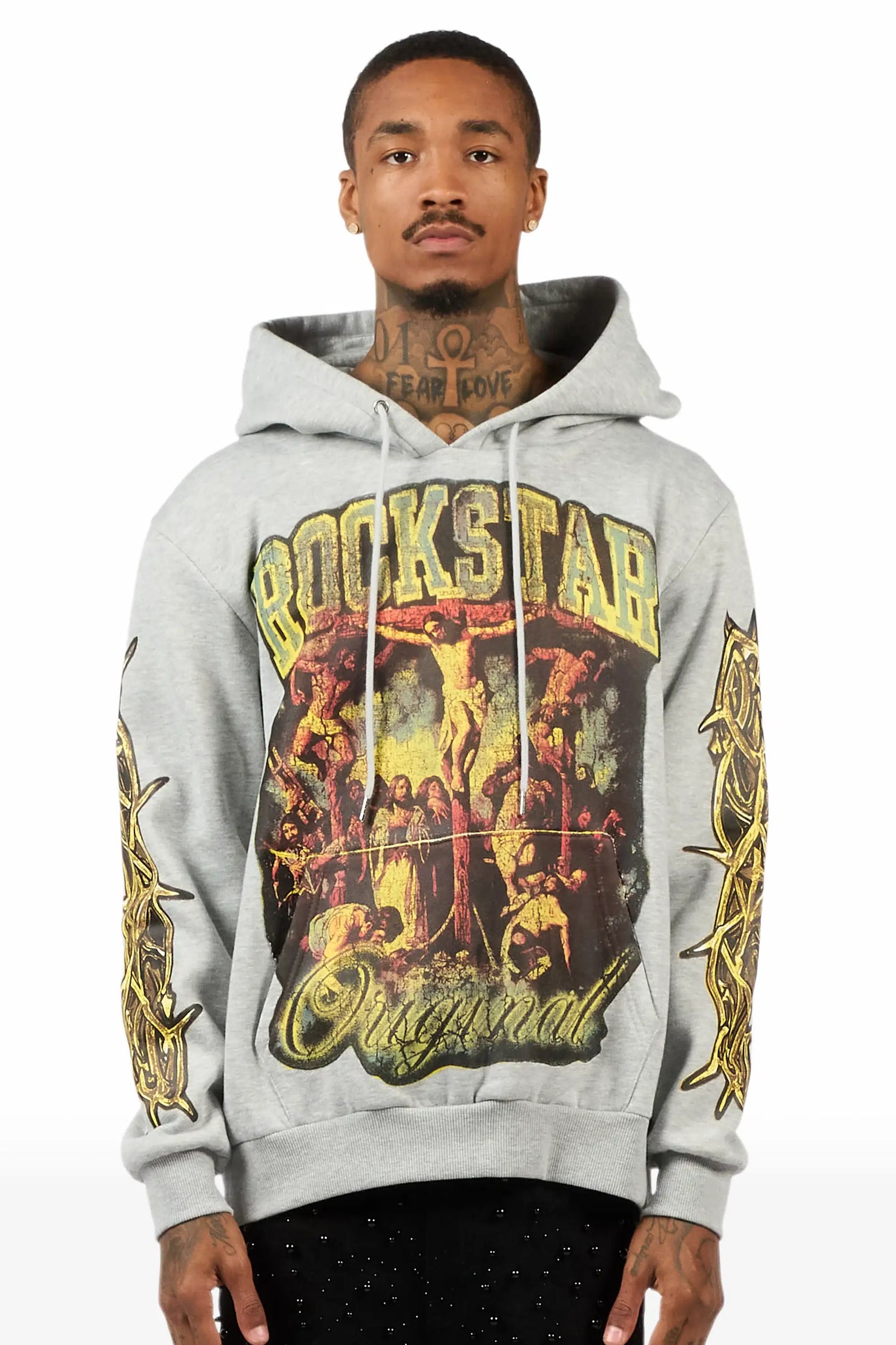 Waller Heather Grey Graphic Distressed Hoodie