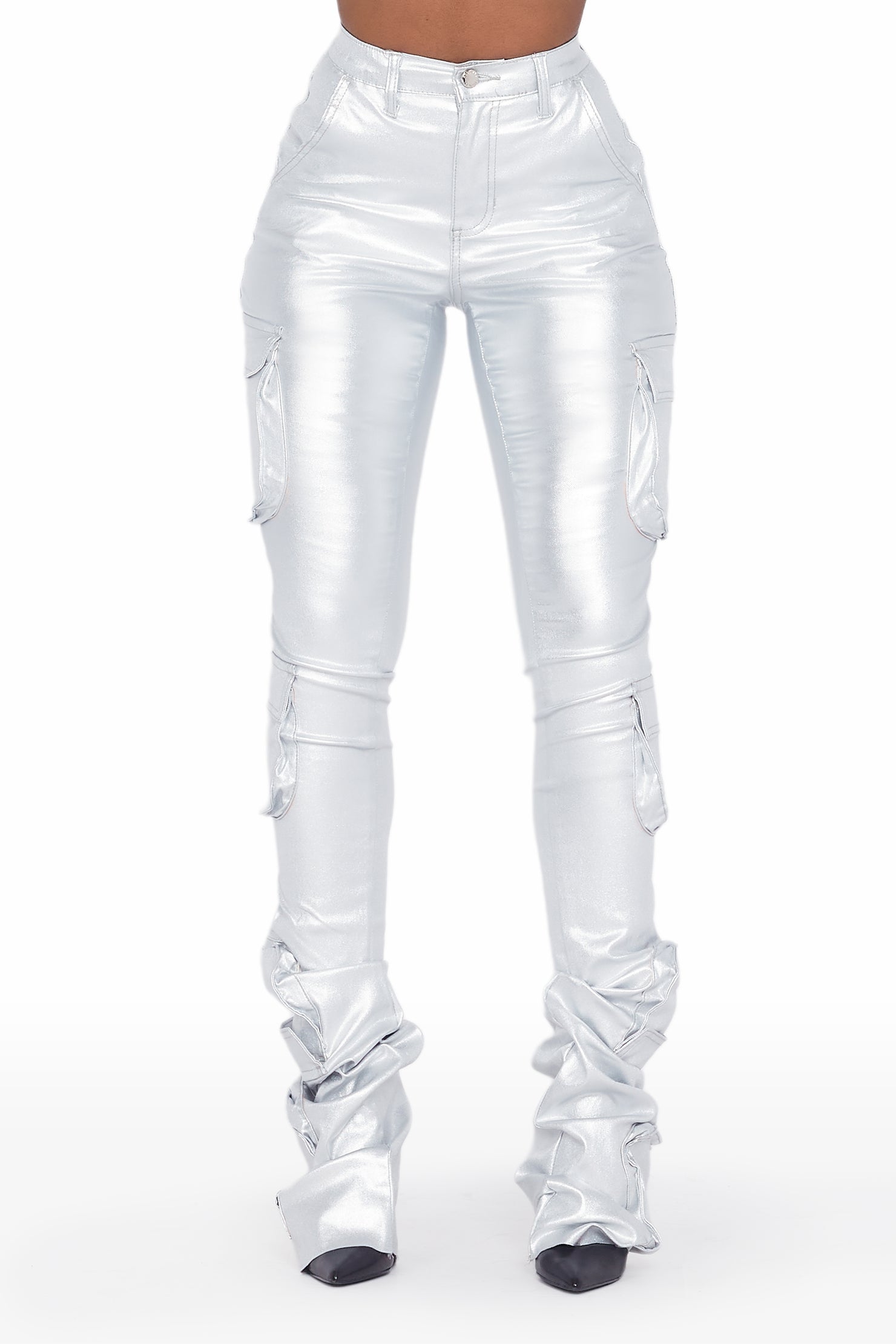 Miracle Silver PU Cargo Super Stacked Pant