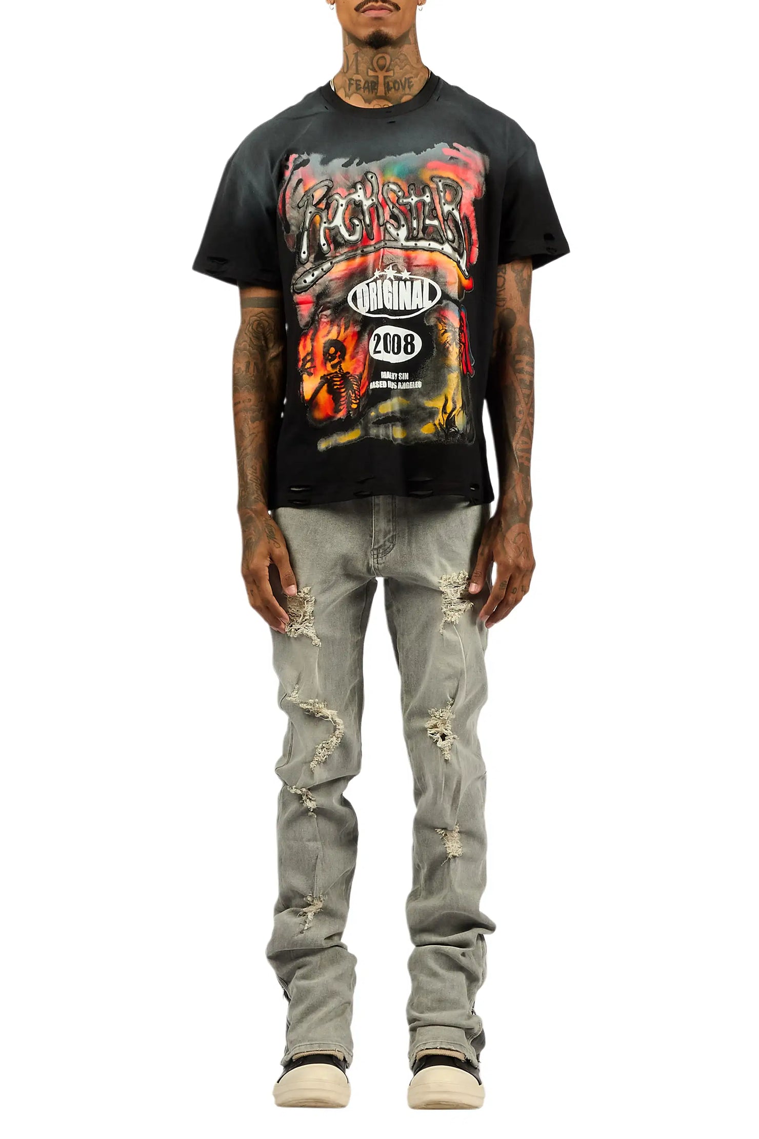 Farren Black Oversized Graphic T-Shirt/Stacked Flare Jean Bundle