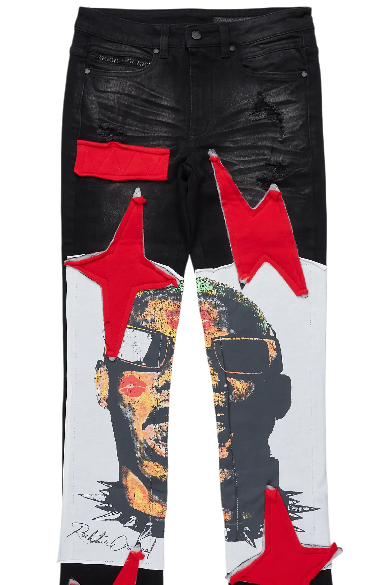 Savage Black/Red Patchwork Stacked Flare Jean