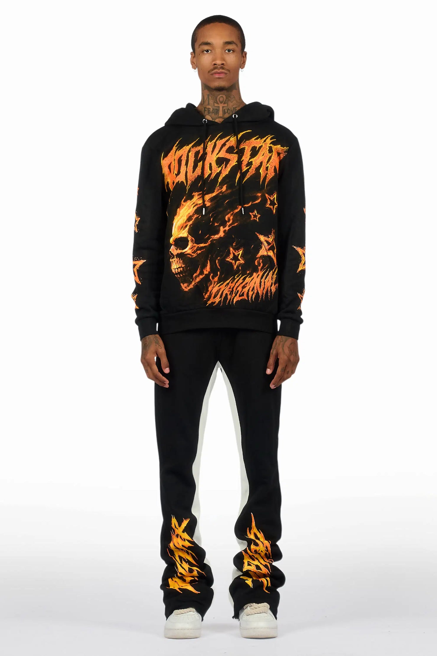 Nelz Black/Orange Graphic Hoodie/Baggy Track Pant Set