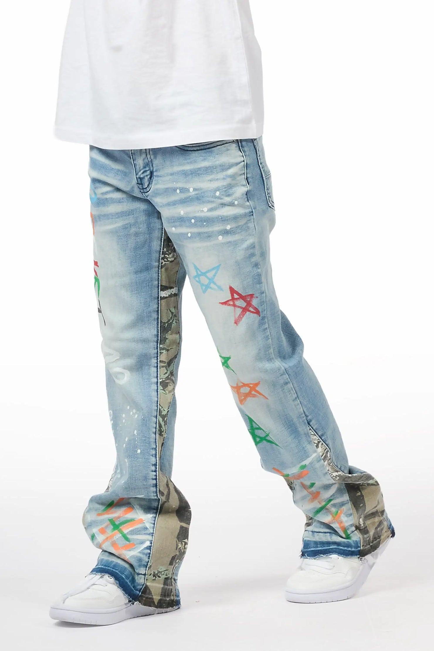 Boys Strass Blue Painted Stacked Flare Jean