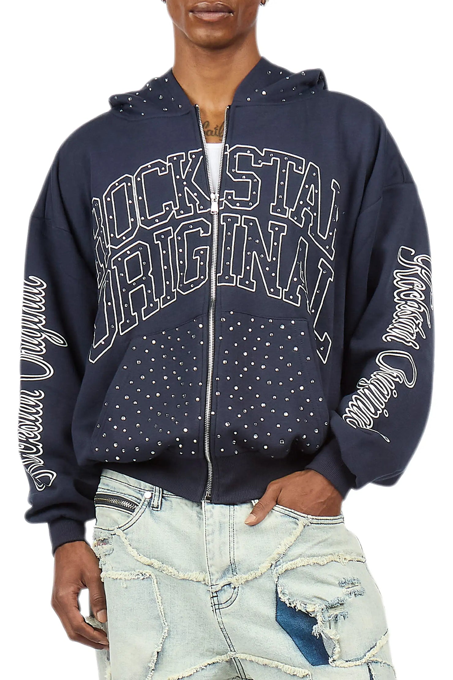 Dripped Navy Rhinestone Hoodie