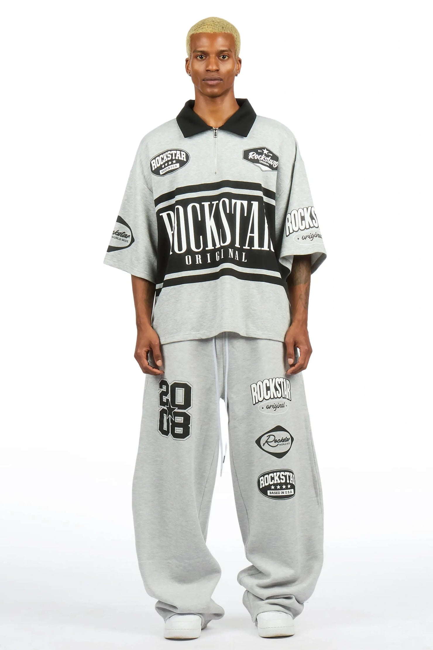 Verseny Heather Grey 1/4 Zip Crop Boxy Tee Fleece /Barrel Fit Set Track Set
