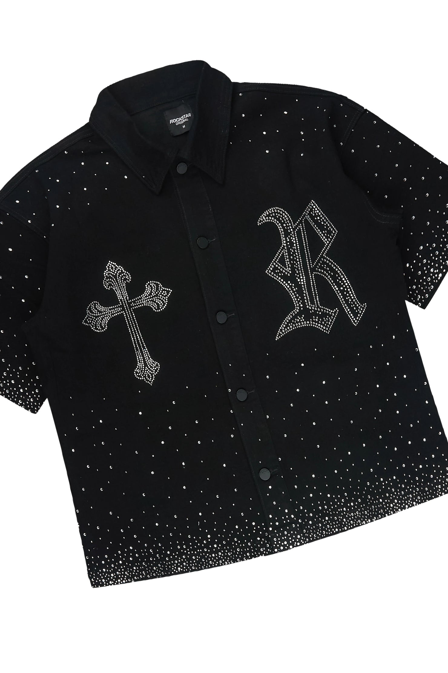 Clemente Jet Black Rhinestone Button Down Shirt Jort Set