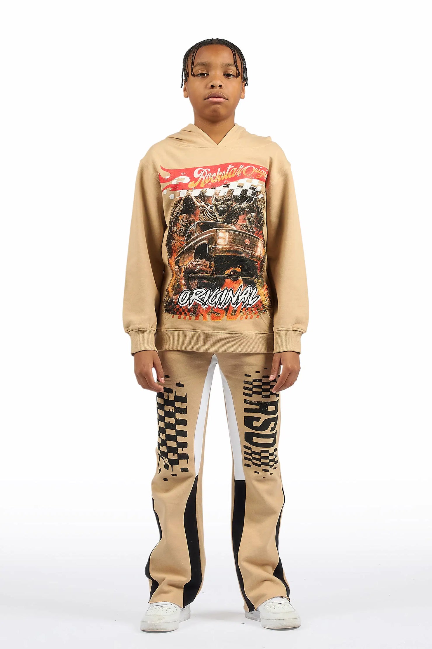 Boys Dreamer Beige/Black Hoodie/Stacked Flare Track Set