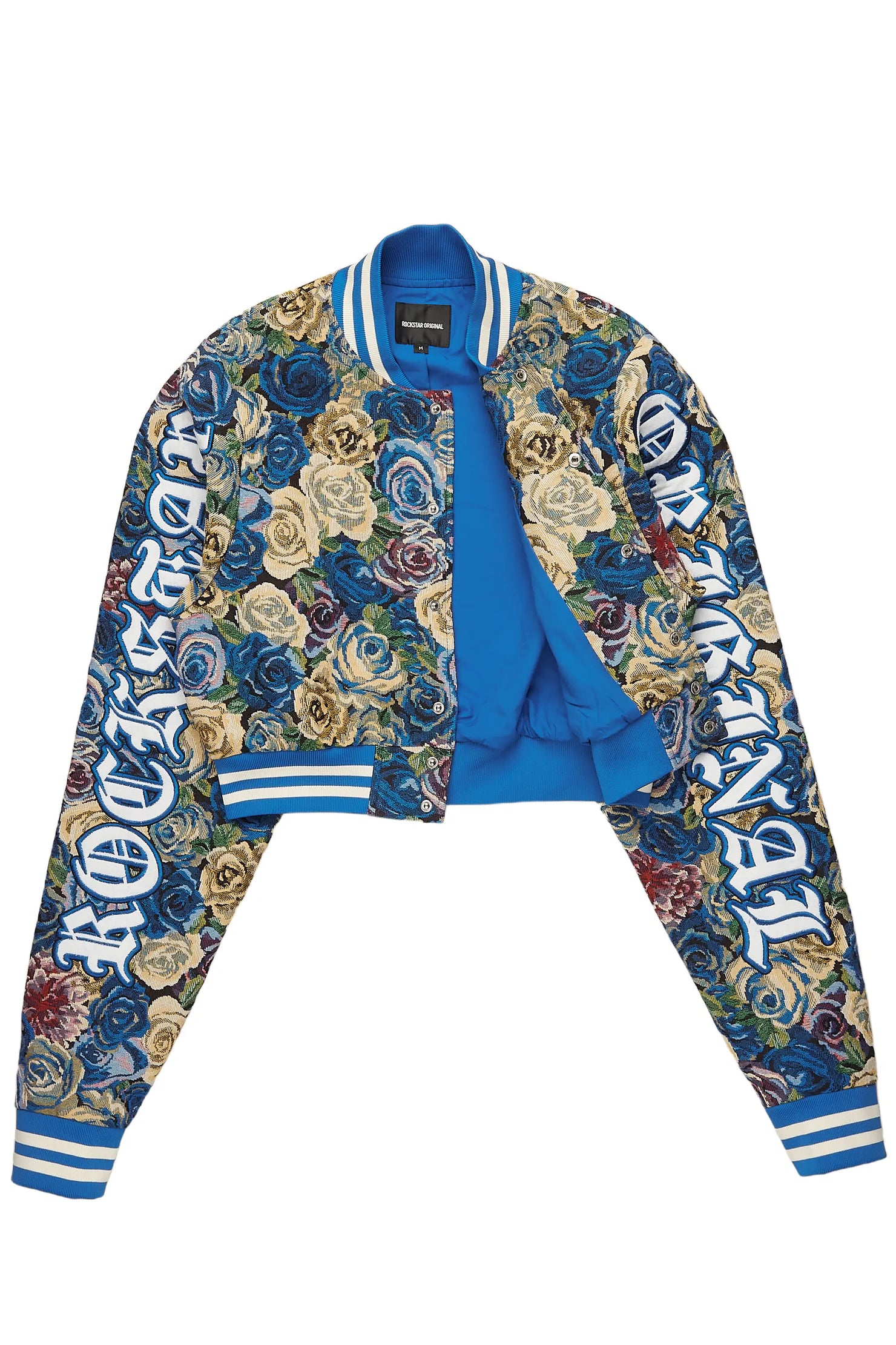 Kyiori Blue Crop Tapestry Varsity Jacket
