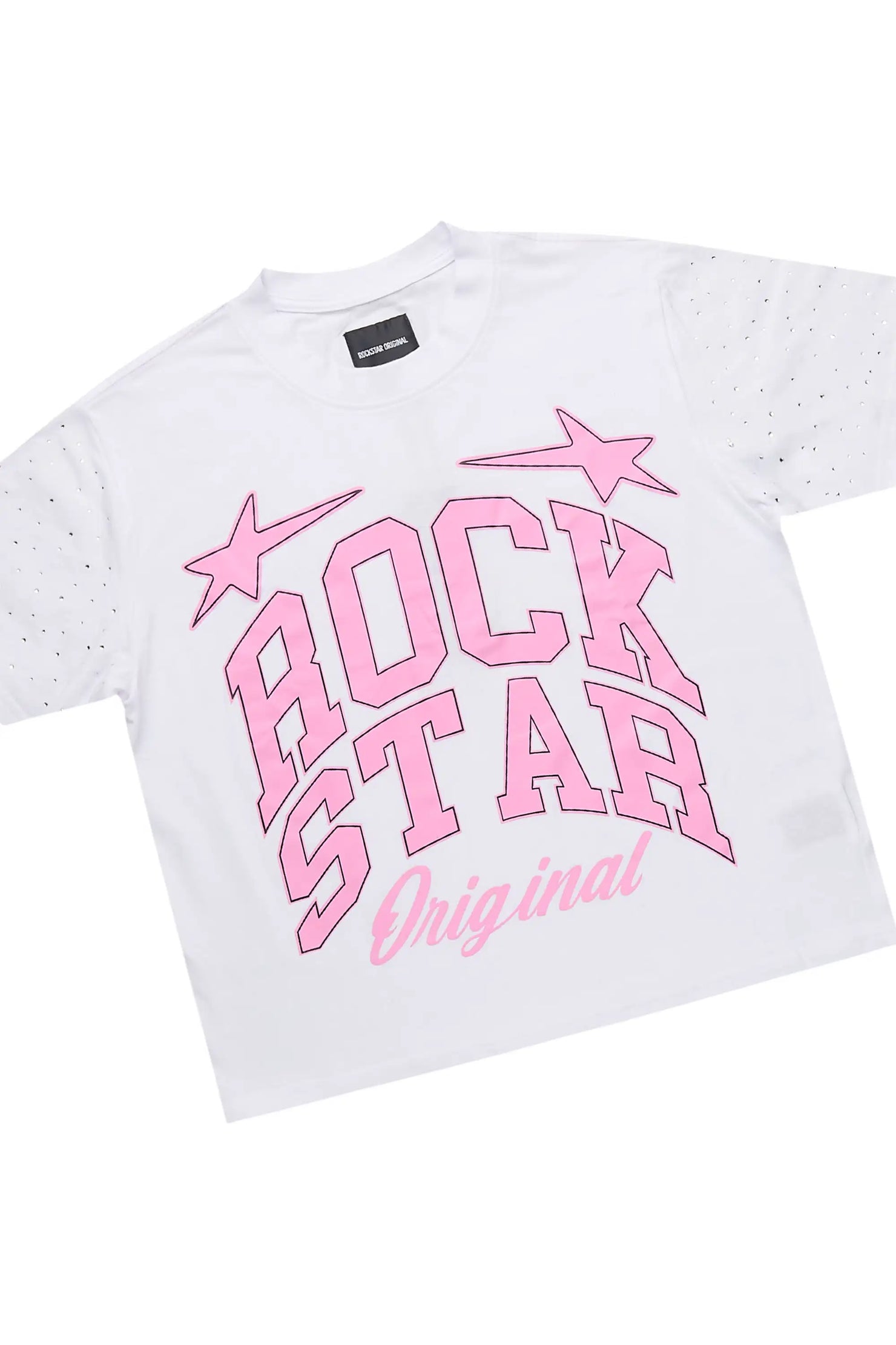 Girls Flaveya White/Pink Rhinestone T-Shirt Short Set