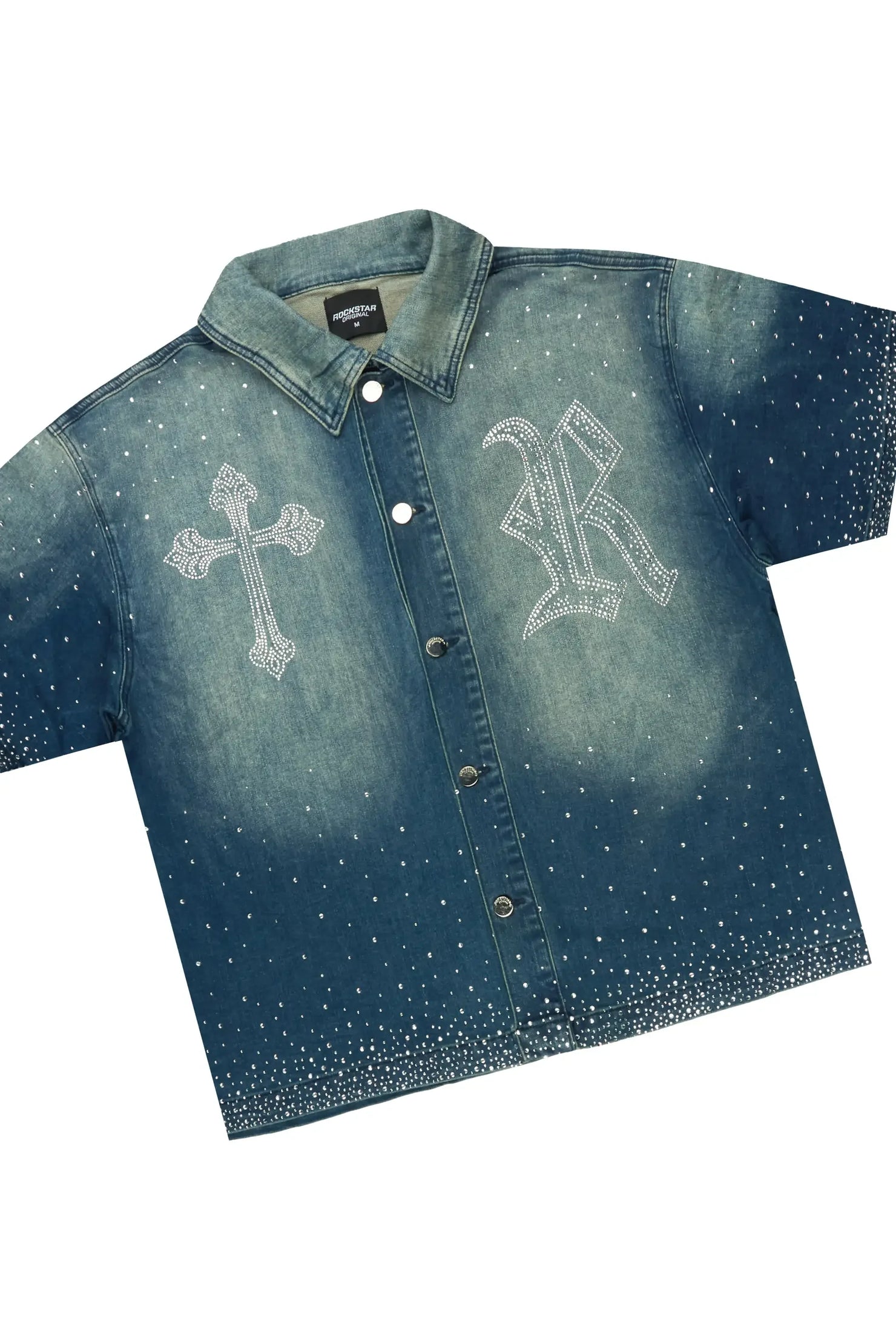 Clemente Medium Blue Rhinestone Button Down Shirt Denim Short Set