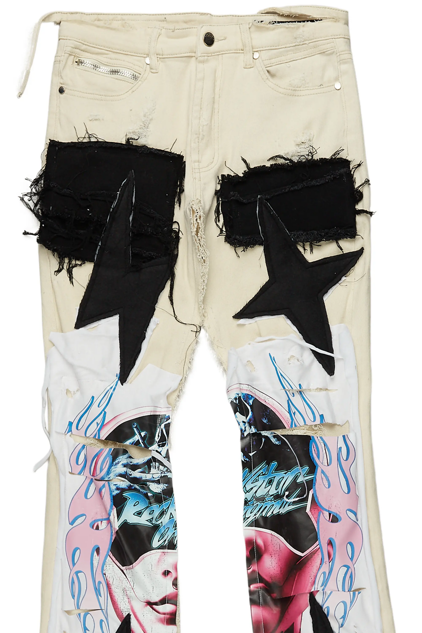 Helios Beige Patchwork Stacked Flare Jean