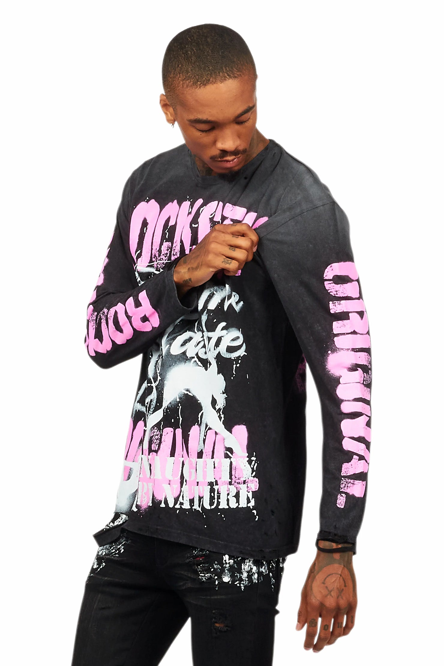 Strip Army Vintage Black Long Sleeve Graphic T-Shirt