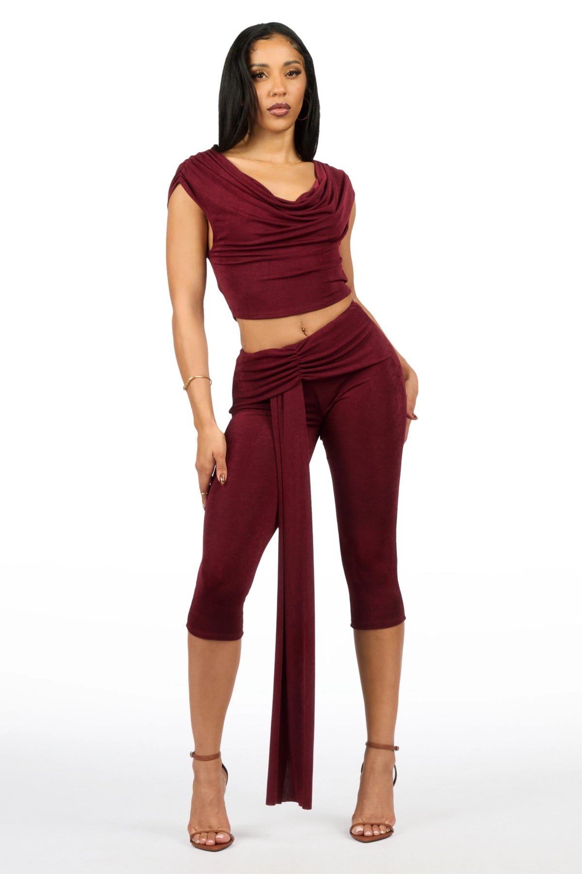 Tie-front V-front Burgundy Capri Set