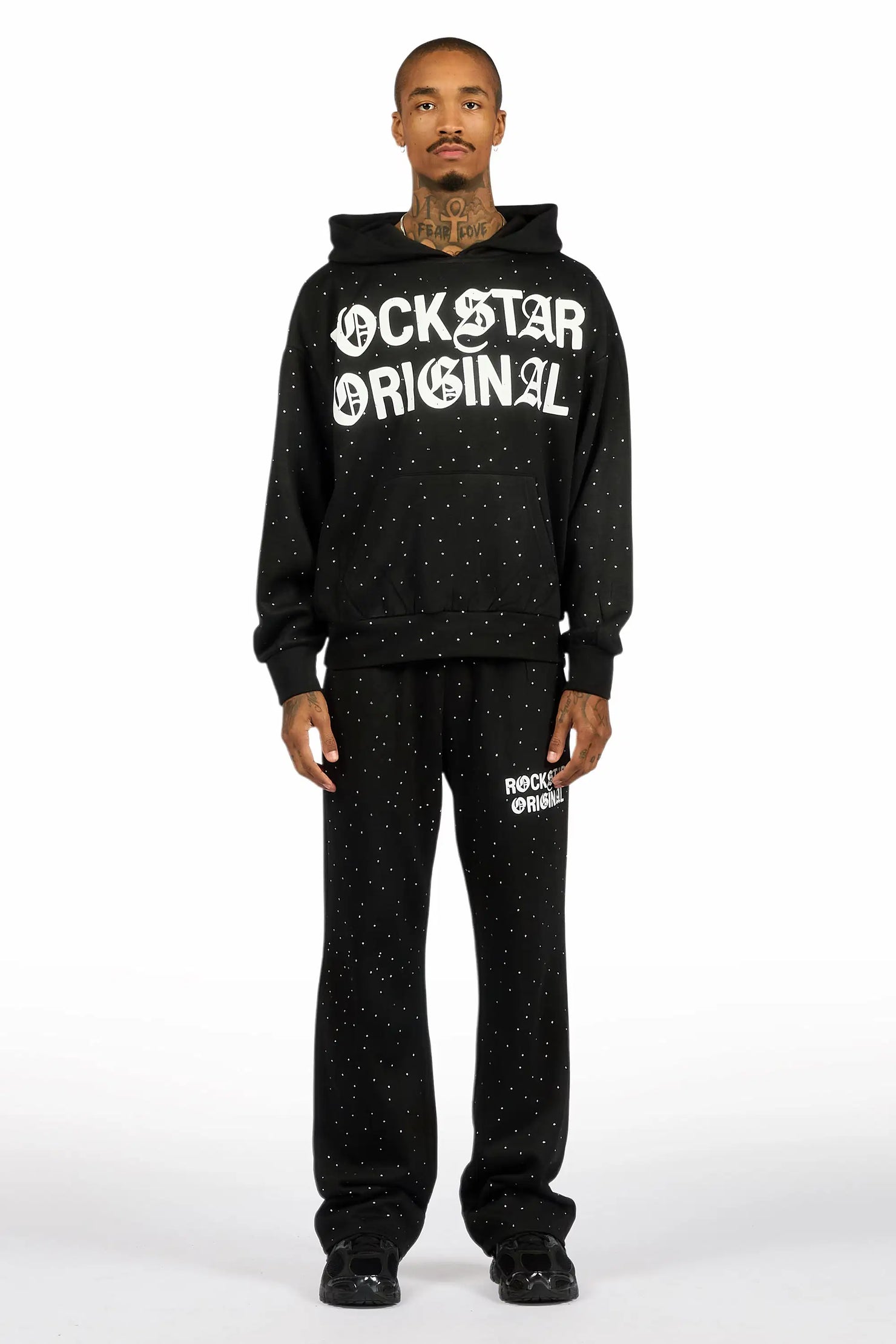 Seren Black/White Rhinestone Hoodie Relaxed Track Set