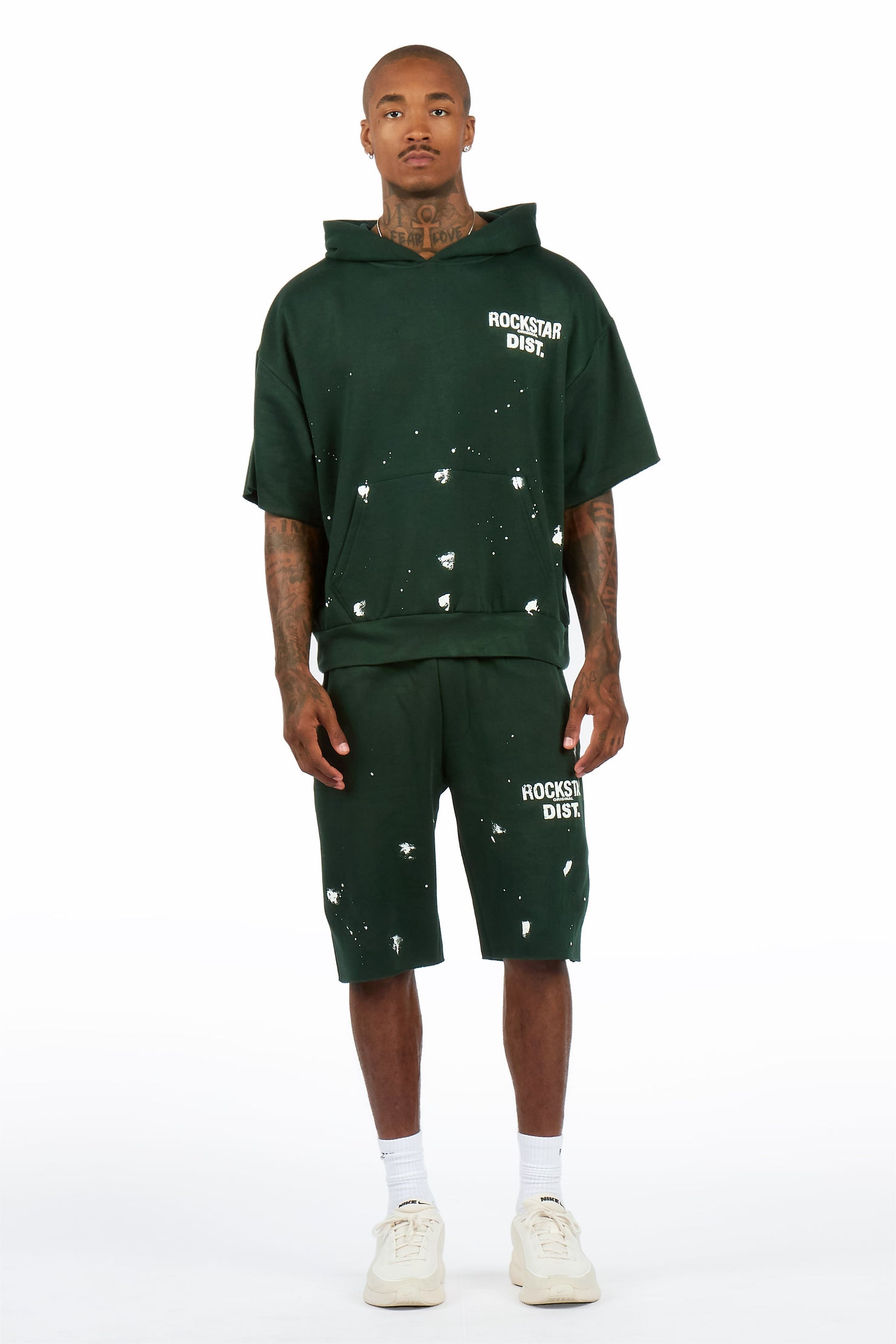 Raffer Forest Green Cut Sleeve Hoodie Short Set