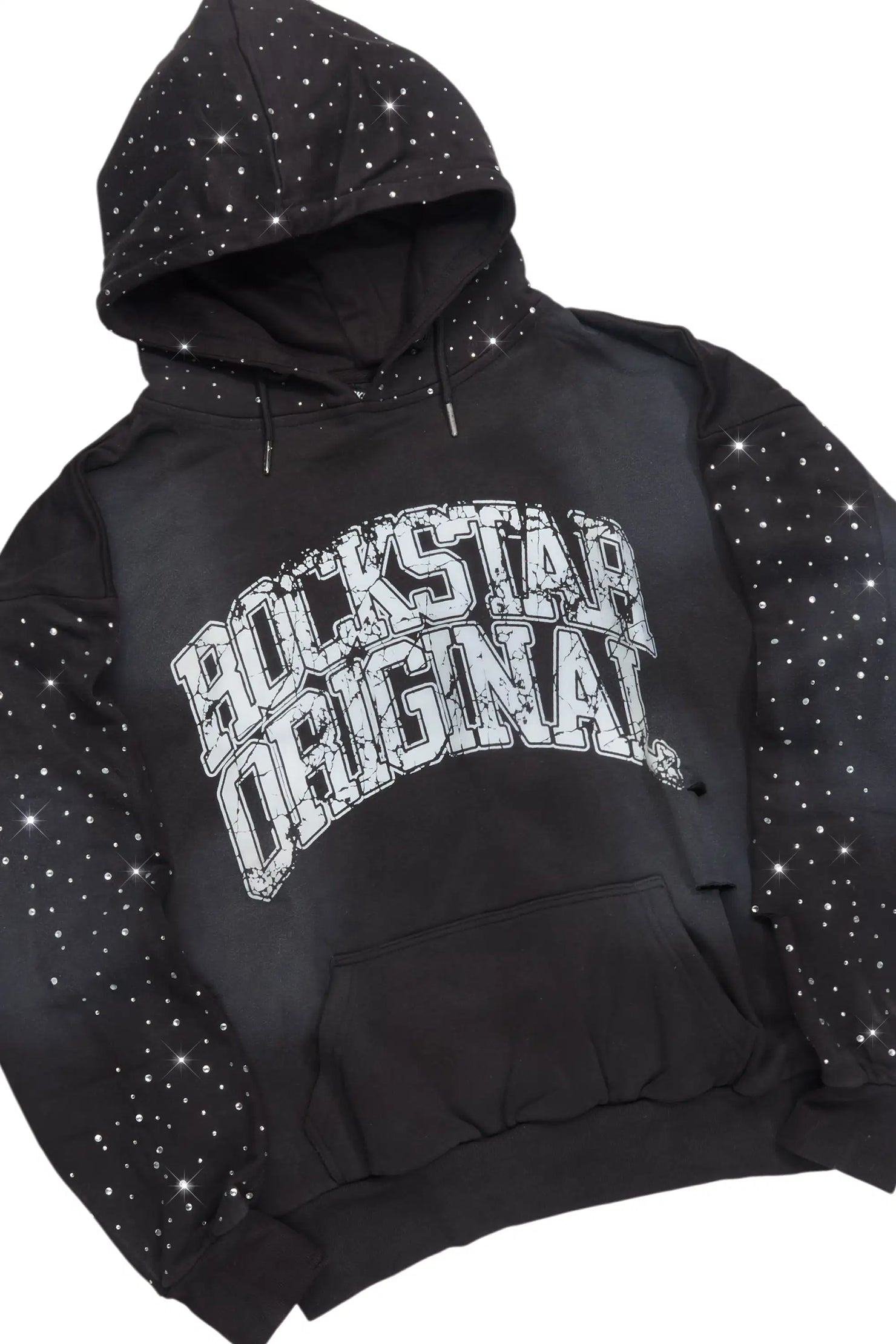 Cryptici Black Rhinestone Stacked Flare Hoodie Track Set