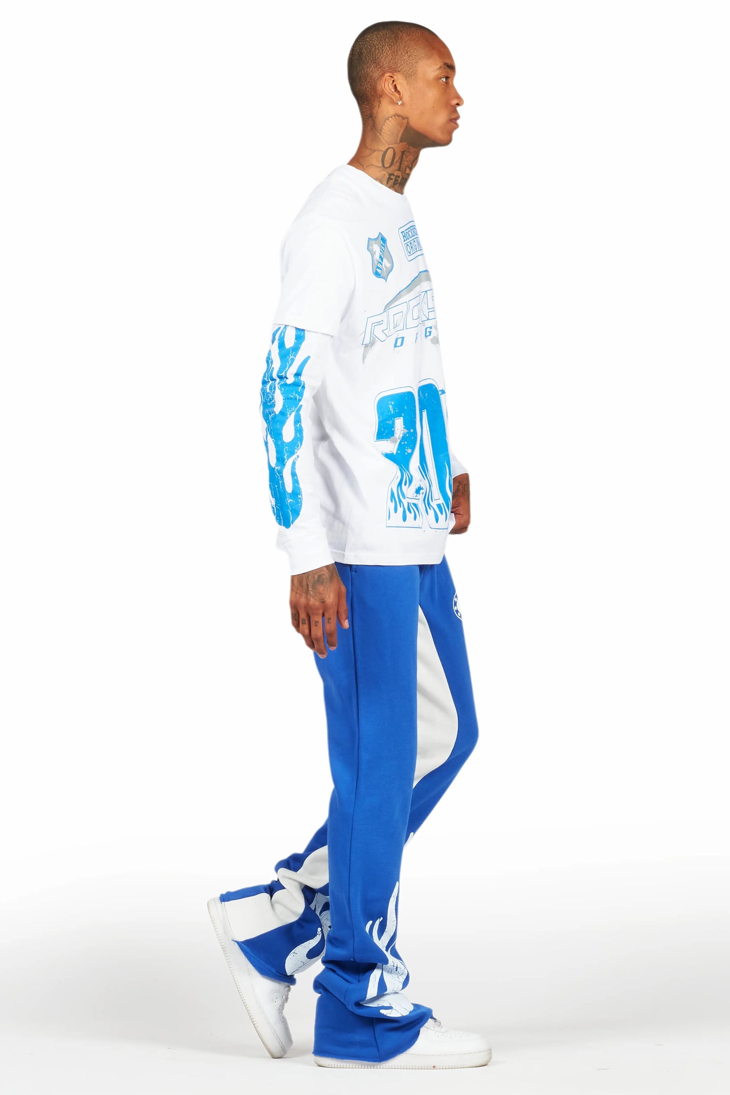 Amos White/Royal Double Layer T-Shirt/Stacked Baggy Pant Set