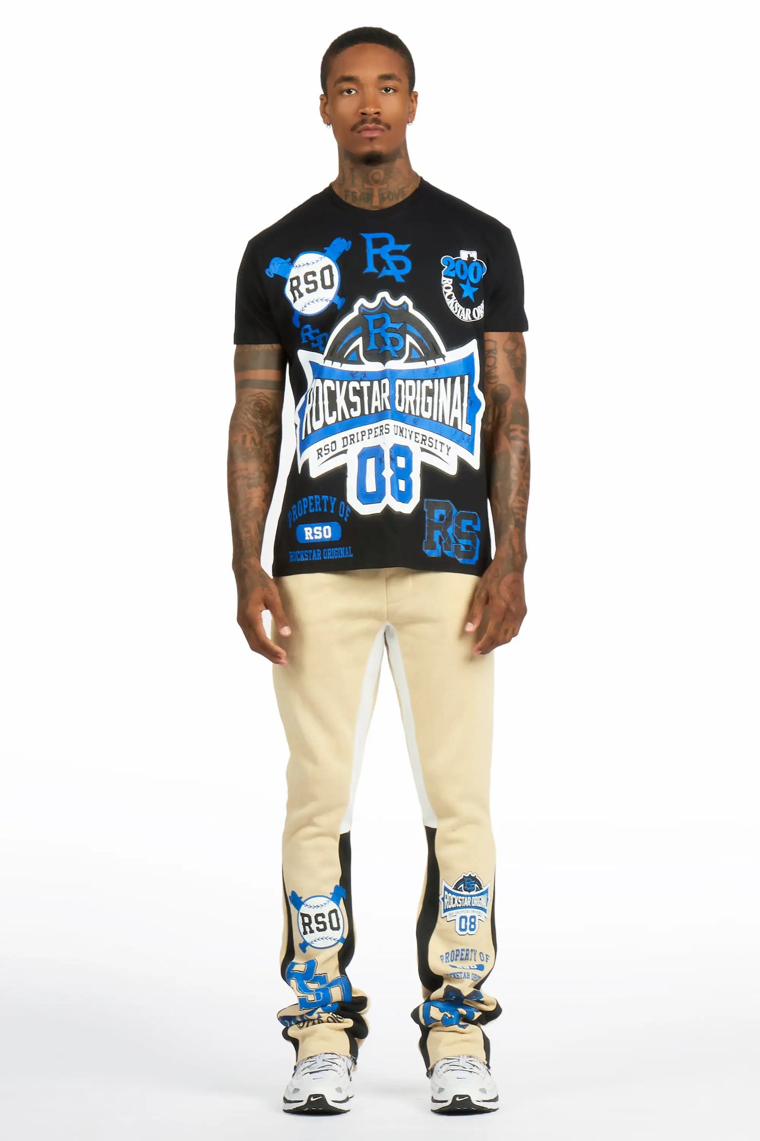 Mavrix Black/Beige T-shirt/Stacked Flare Track Pant Set