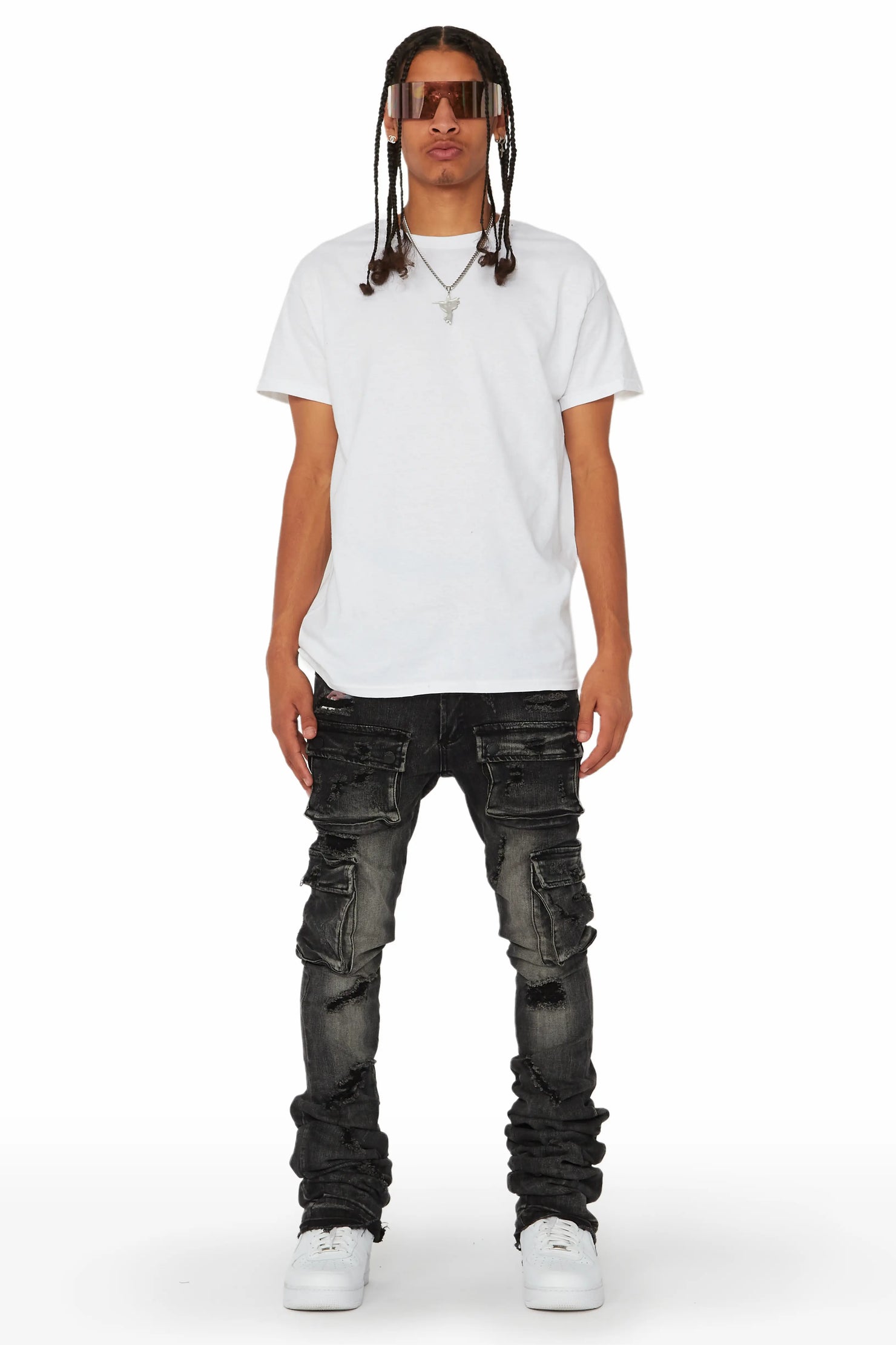 Zaire Grey Cargo Super Stacked Flare Jean