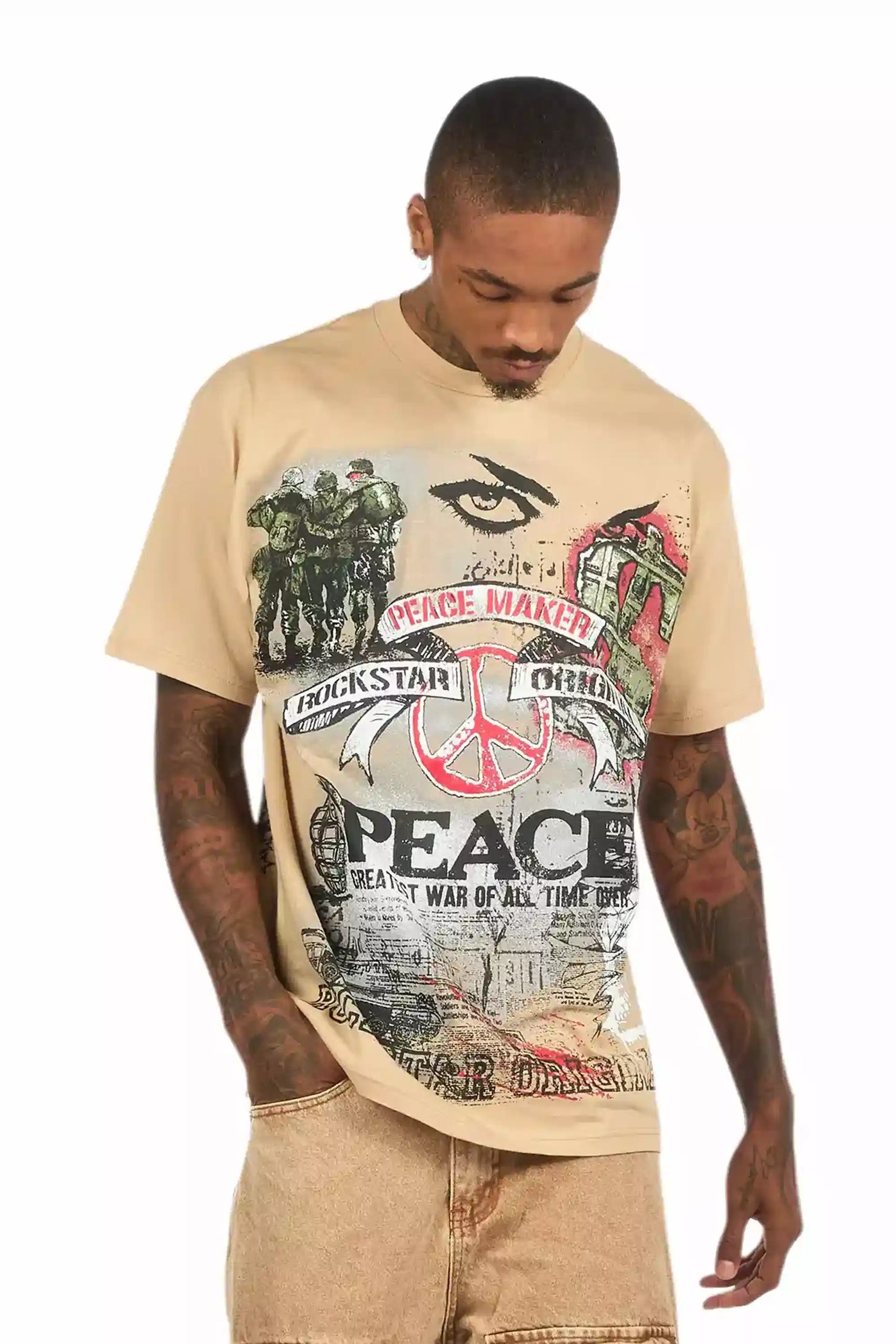 Saeko Beige Oversized Graphic T-Shirt