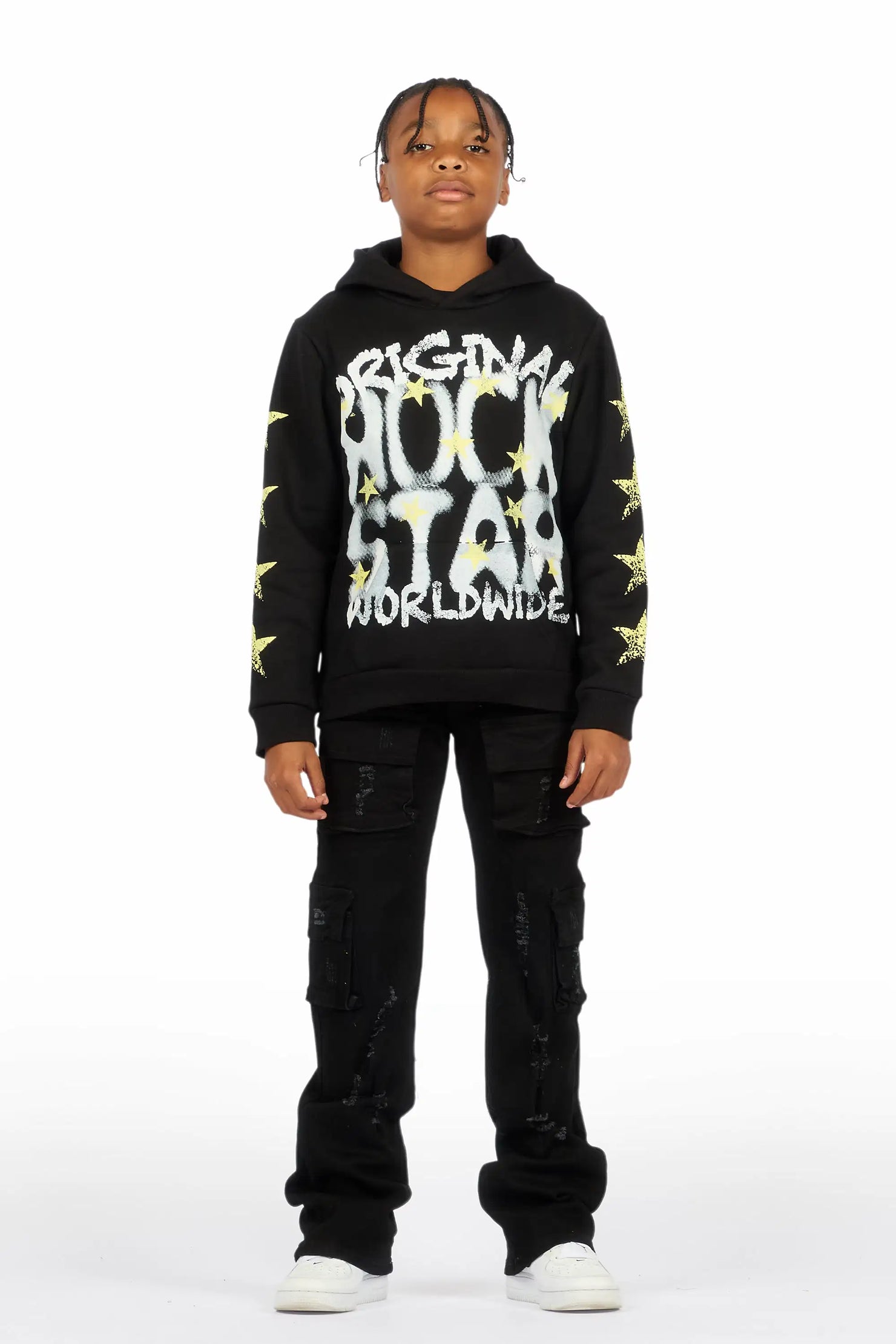 Boys Xaerys Black Hoodie/Stacked Jean Set