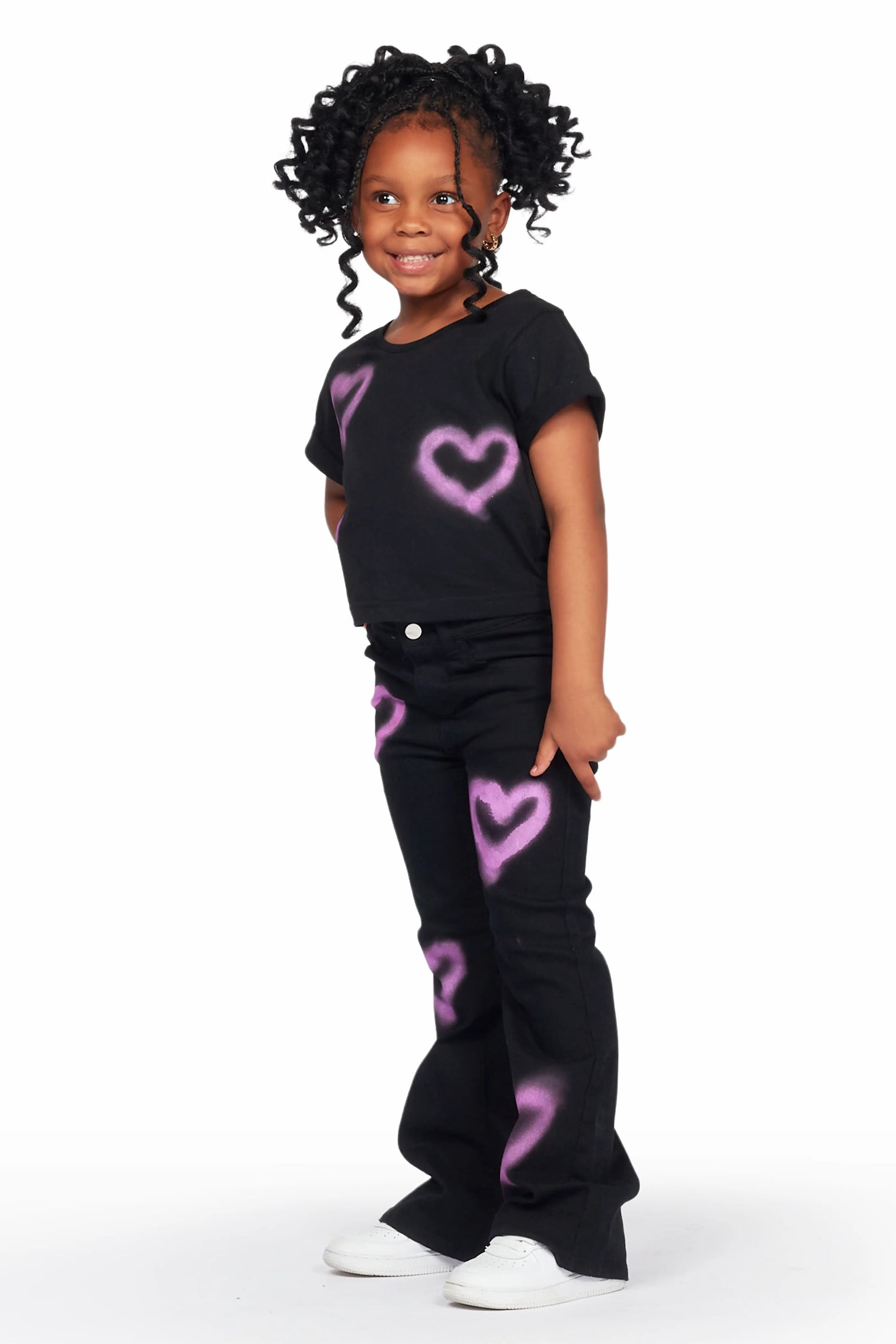 Girls Bayle Black T-Shirt Flare Jean Set